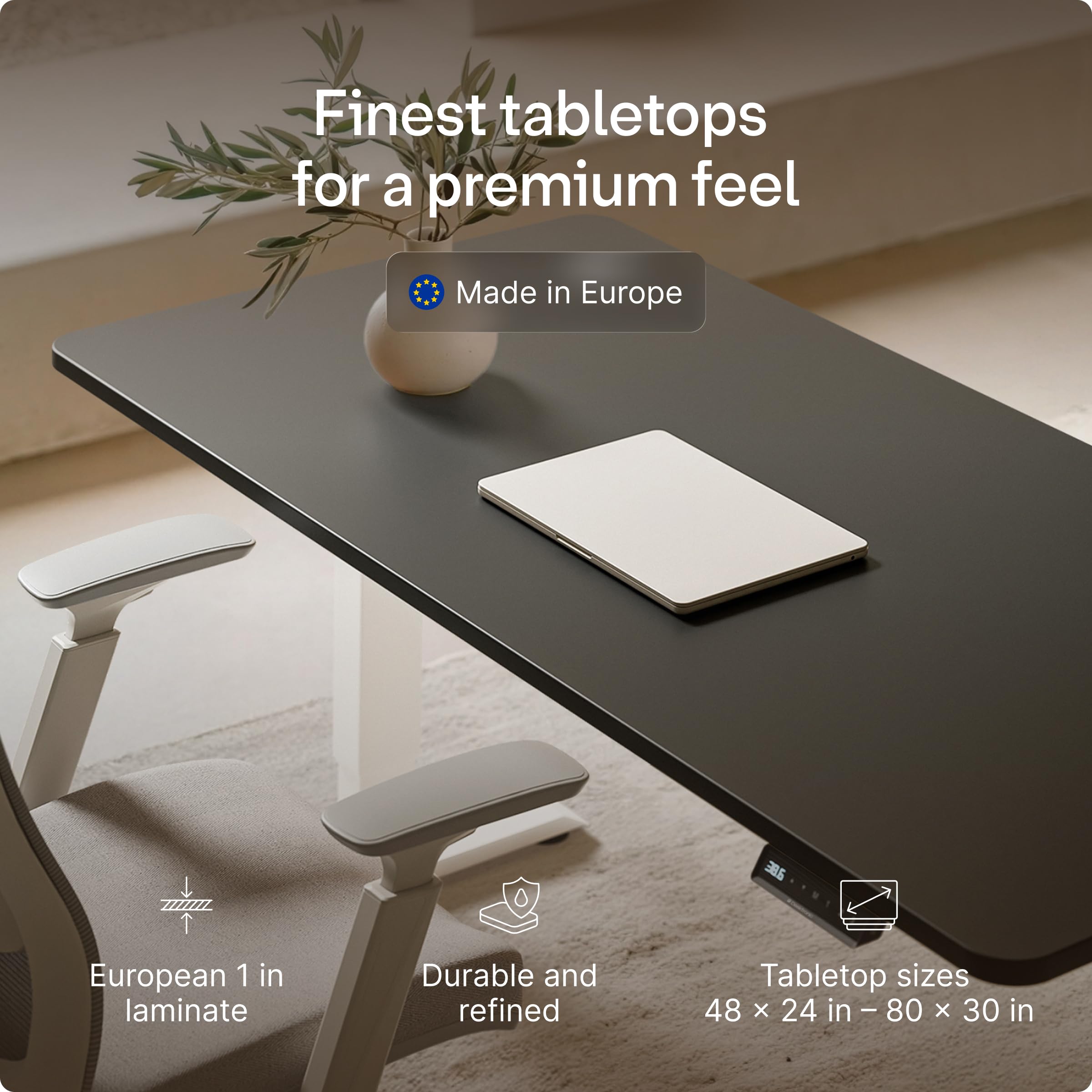 Standing Desk 48x24 — Made in Europe, Ergonomic Sit Stand Home Office Desk, Electric Height Adjustable, Dual Motor, USB & USB-C Charging, Wobble-Free, Touchscreen, 3 Memory Presets