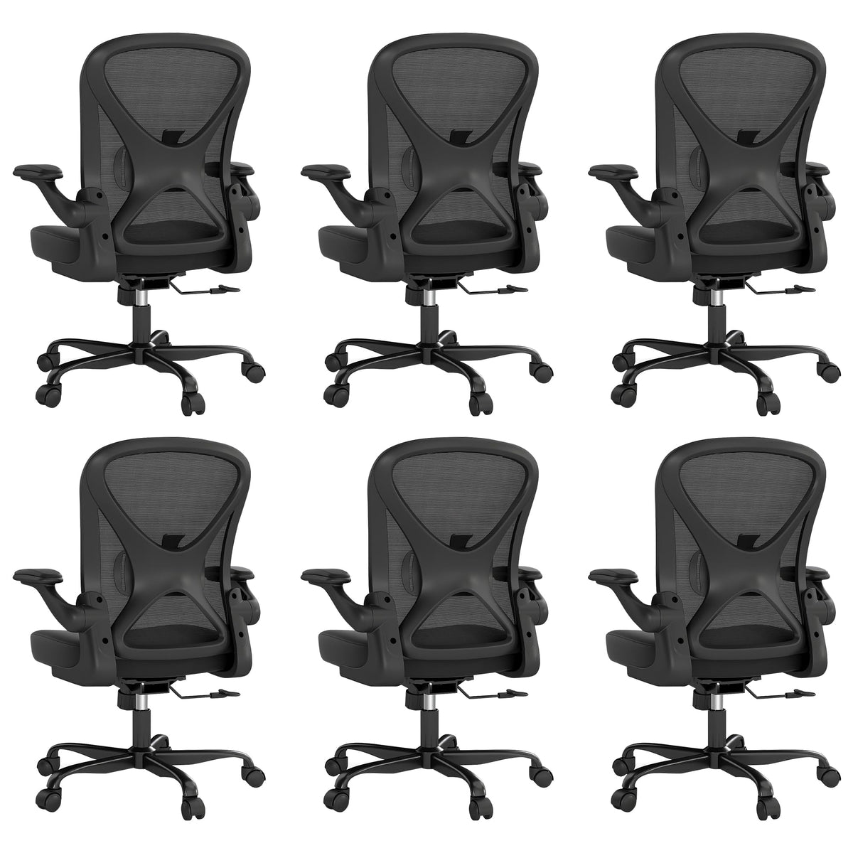 Ergonomic Office Chair Set of 6, Mesh Fabric Home Office Chairs with Adjustable Lumbar Support, 360° Swivel, and Flip-Up Armrests, Black