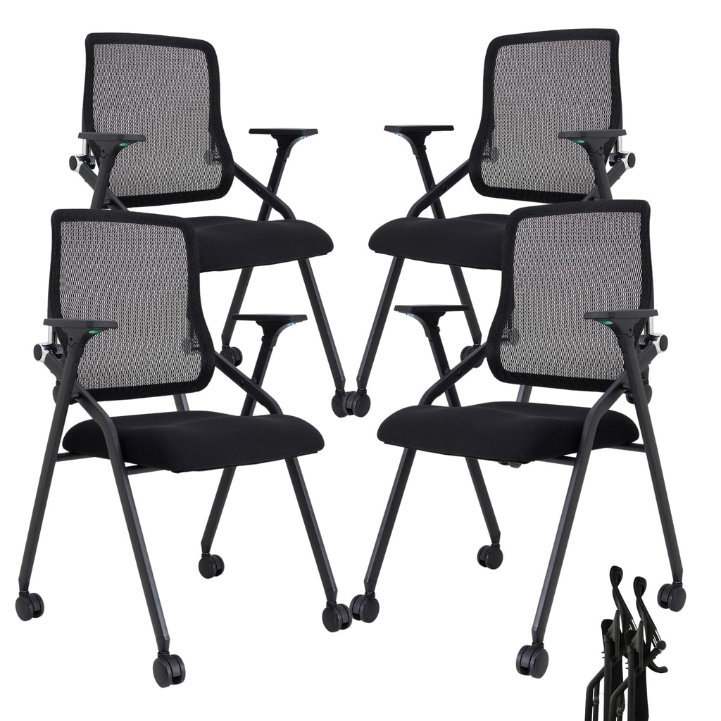 4 Pack Black, Updated Conference Room Chairs, Folding Office Desk Chair with Lumbar Support and Sliding Armrest with Casters, Stackable Office Guest Chairs & Reception Chairs