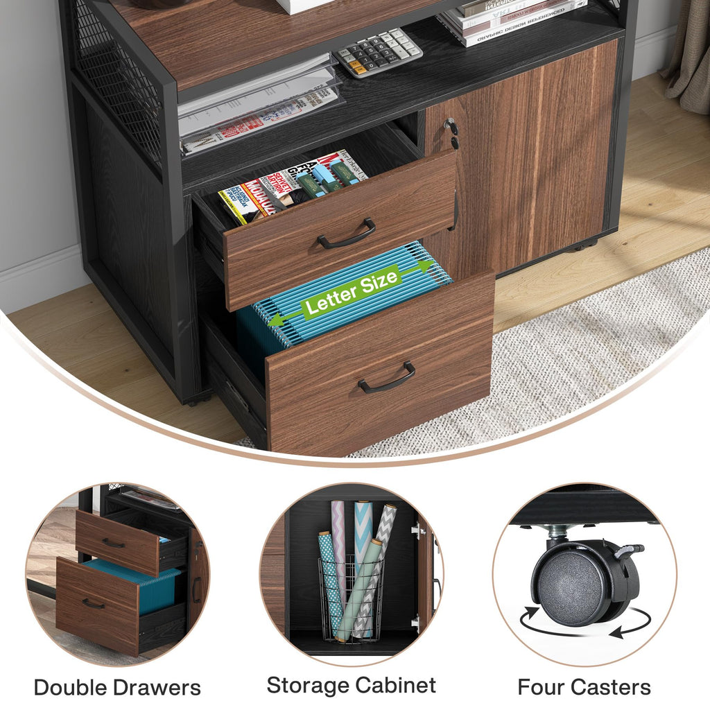 63" Executive Deskwith Drawer Cabinet, L Shaped Desk and lateral File Cabinet, 2 Piece Home Office Furniture Set with Drawers for Hanging, Doors with Locks (Dark Brown, 63 inches)