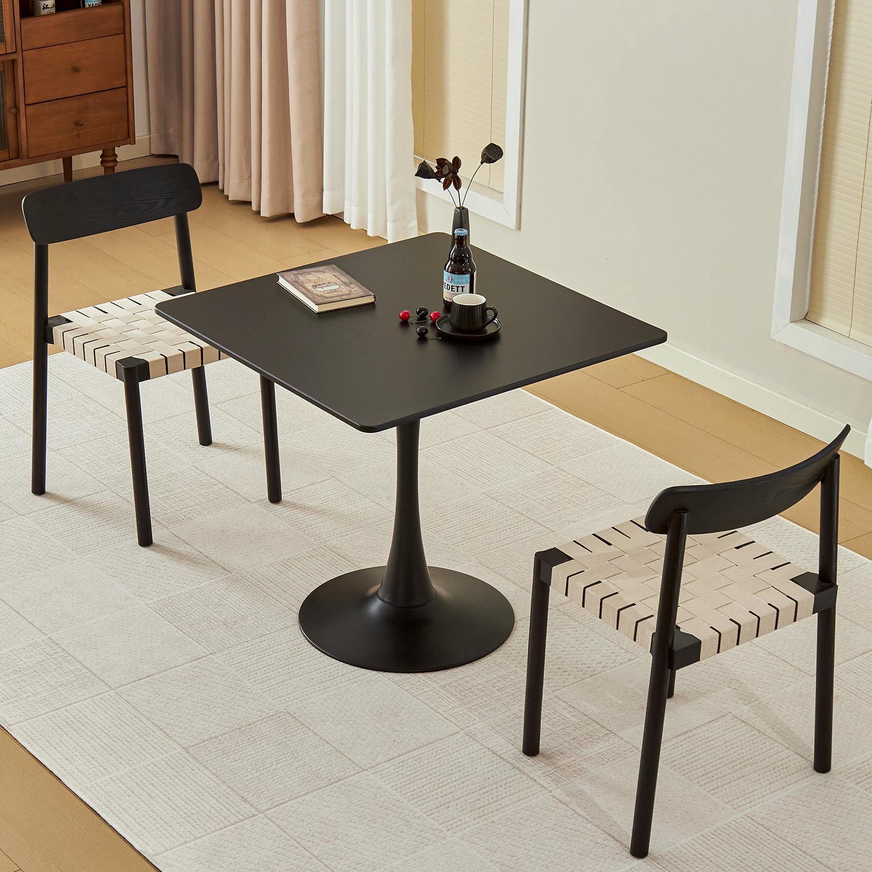 Hansweld Square Dining Table, 31.5" Tulip Table with Thickened Tabletop & Metal Pedestal, Mid Century Modern Bistro Table for Kitchen, Small Places, Living Room, Cafe (Black)