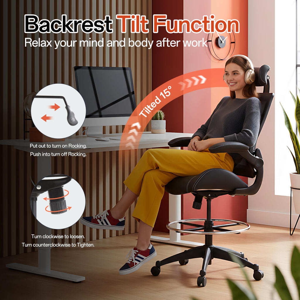 Tall Ergonomic Office Chair, Sustainable Tech-Leather Drafting Chair with Adjustable Foot Ring, 90° Flip-Up Arms Space Saving Mesh Computer Desk Chair for Standing Desk Executive Work 8+ Hours