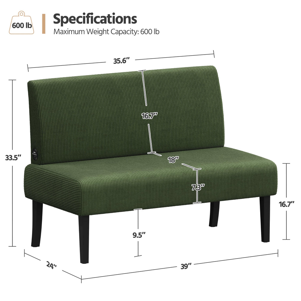 Small Mini Sofa Couch Armless Loveseat, Corduroy Fabric & Easy Assembly, for Small Spaces Office,Living Room,Dorm,Apartment, Green