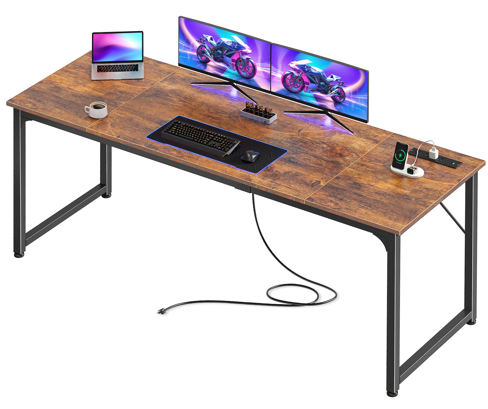 70 X 24 Inch Office Computer Desk with Power Outlets and USB-C Port, Larger and Longer Gaming Desk, for Home Office, Study, Writing Work from Home Table, Metal Frame, Rustic Brown
