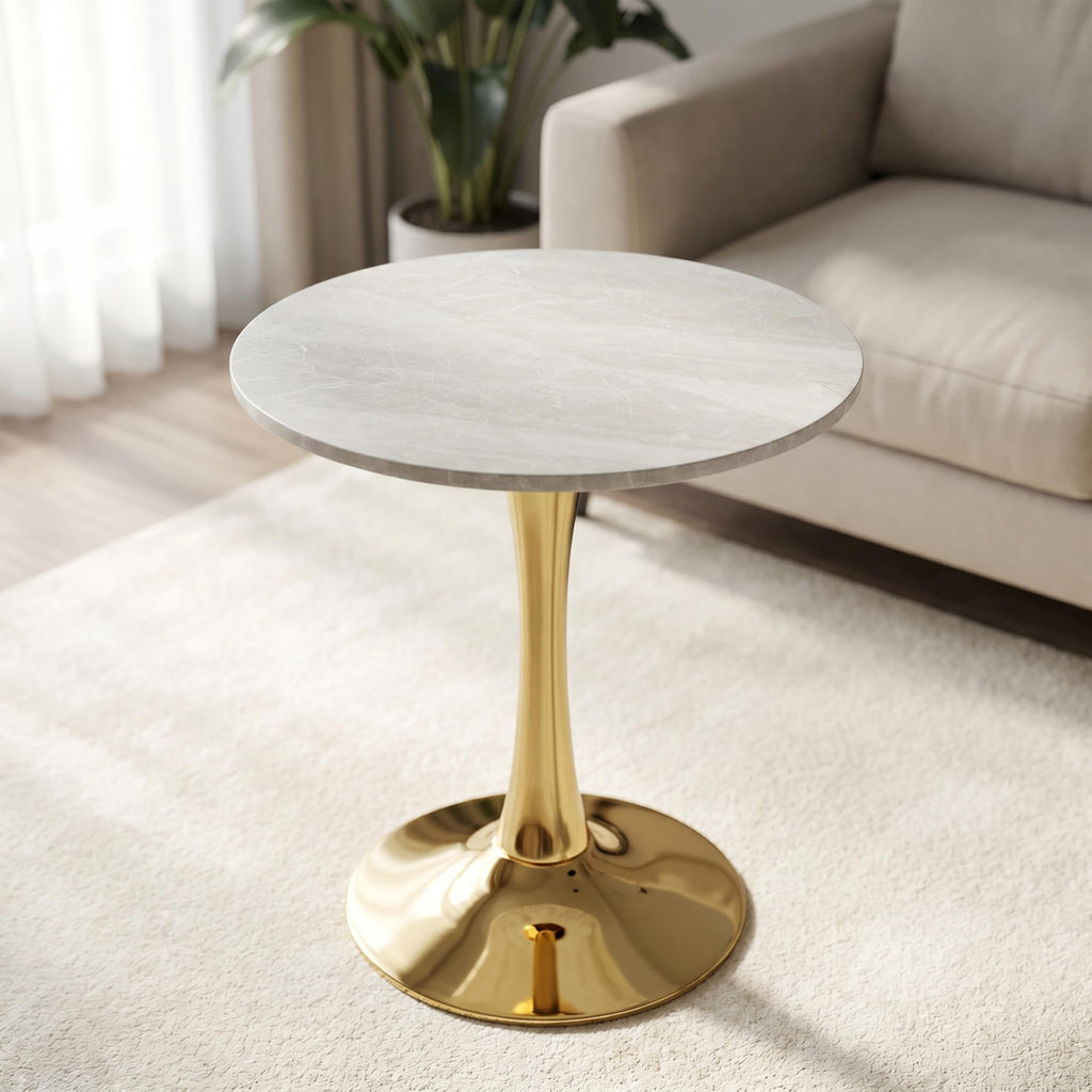Sybrioka 27.6" Marble Round Tulip Table, Mid-Century Modern Style Dining Table with Gold Pedestal Base for 2-4 People, Featuring A Marble Tabletop for Kitchen, Dining Room, Cafe (Grayish White)