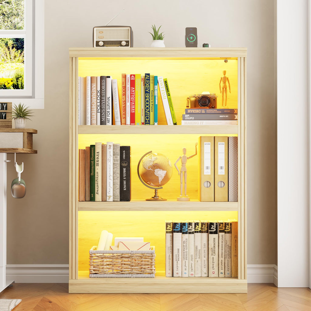 3-Tier LED Bookshelf with Motion Sensor Lights - USB Charging Module - Adjustable Modular Display Shelf 31.5 W x 43.3 H for Bedroom Living Room Home Office Apartment - Natural Wood