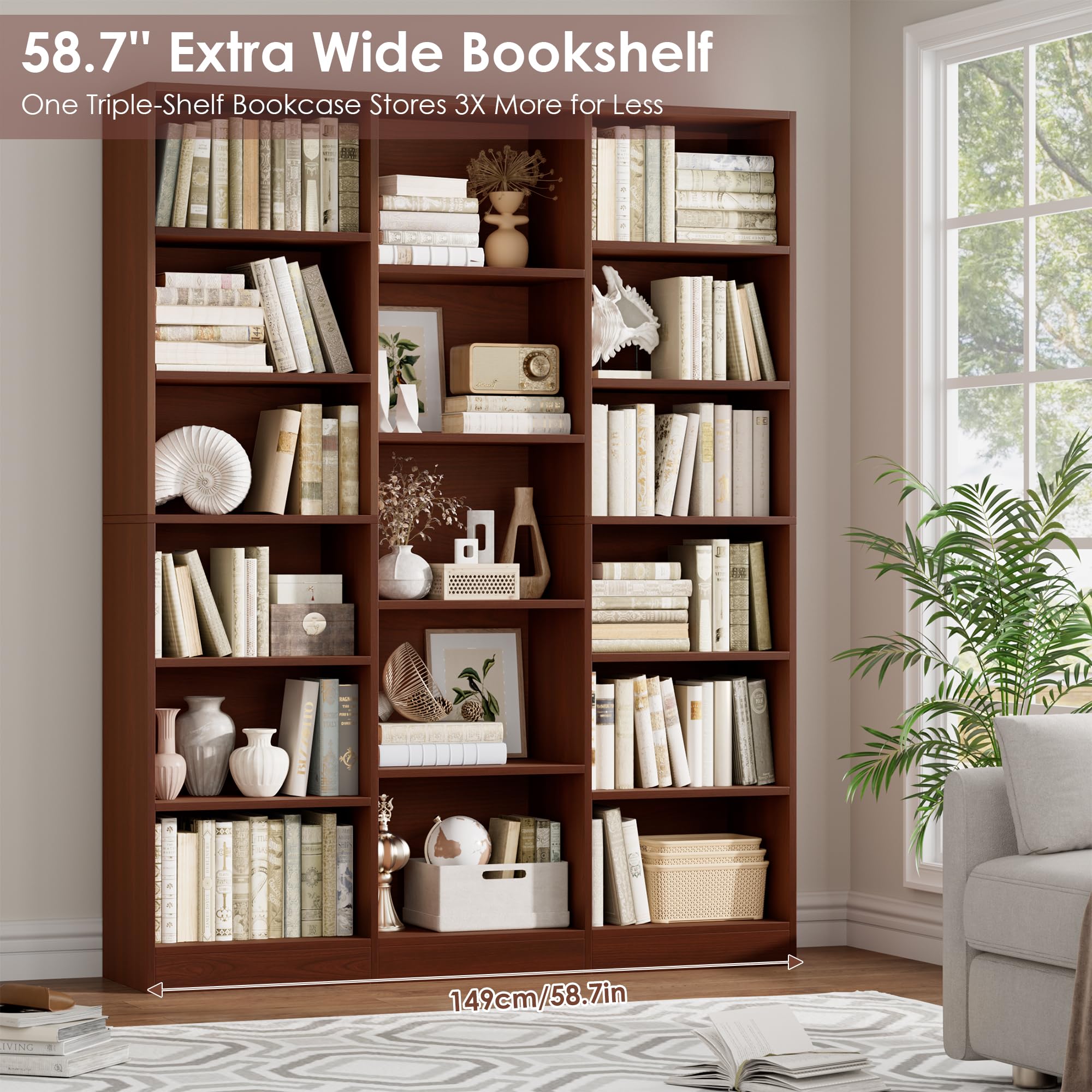 Triple Wide Bookshelf, Large Bookshelf with 17 Display Shelves