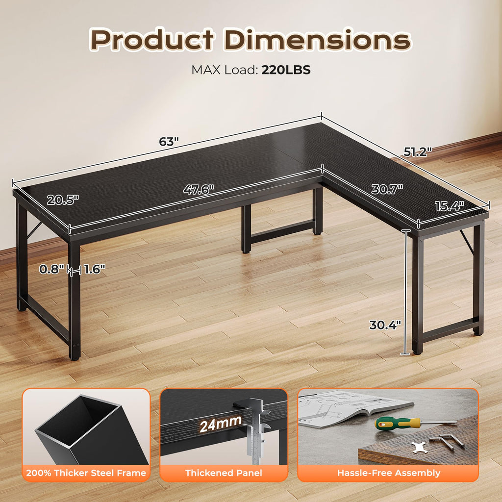 63 Inch L Shaped Desk with 0.95 Inch Thicker Desktop, Reversible Computer, Larger Corner Office Gaming Desk, Robust Metal Frame, for Home Office, Study, Black