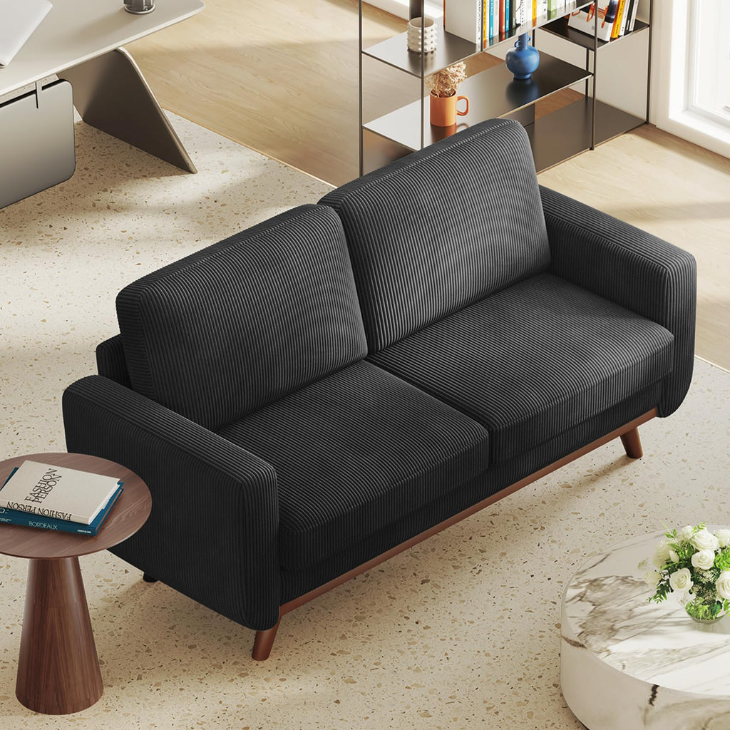 68" Loveseat Sofa Black, Comfy Corduroy Couch with Spring Cushion and Solid Wood, Modern Extra Deep Seat for Bedroom, Living Room, Office