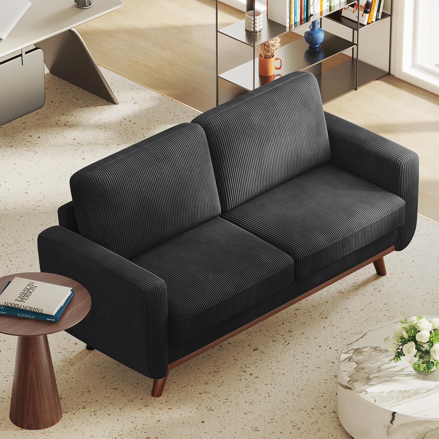 68" Loveseat Sofa Black, Comfy Corduroy Couch with Spring Cushion and Solid Wood, Modern Extra Deep Seat for Bedroom, Living Room, Office
