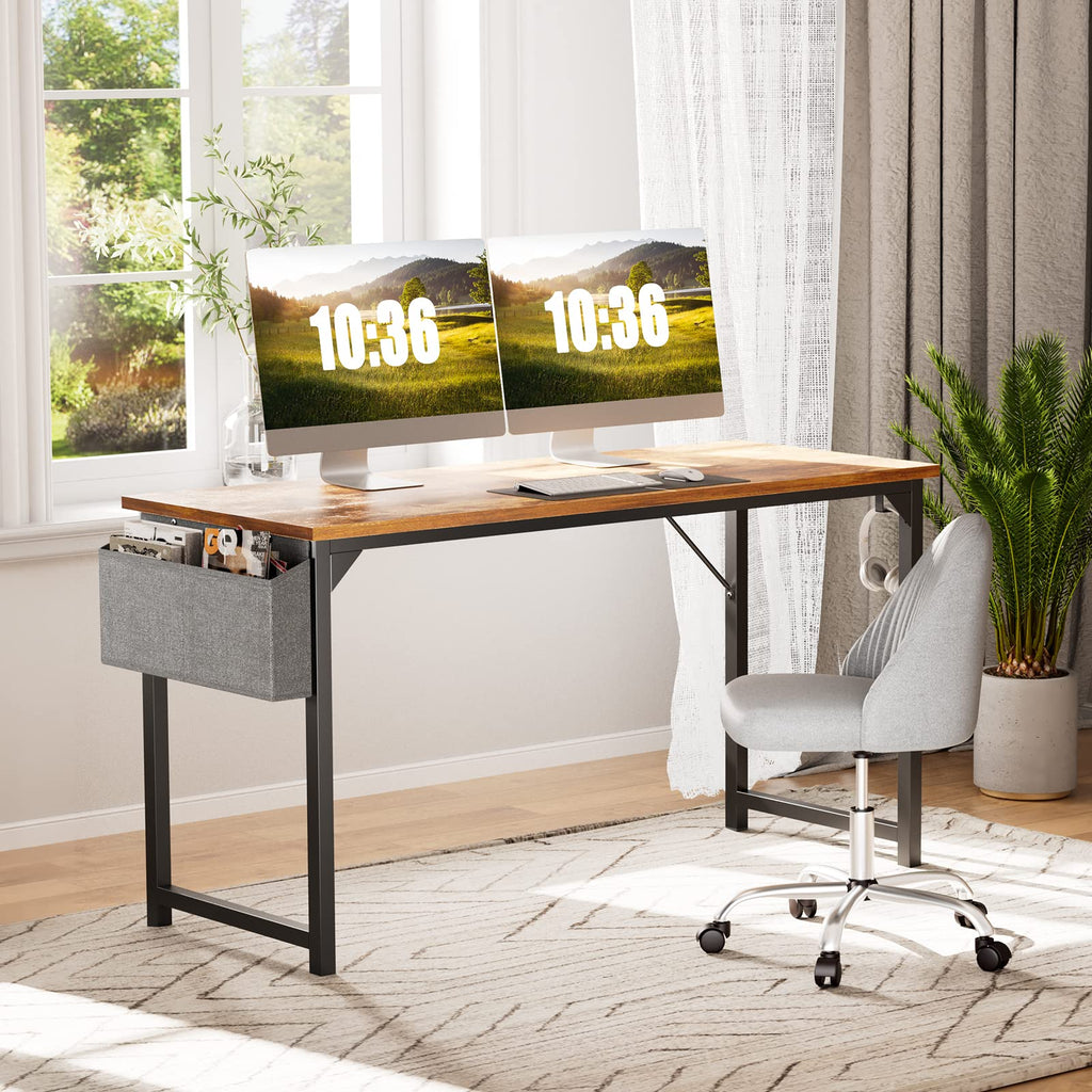 Computer Office Desk 55 Inch Student Study Writing Work with Metal Frame Wood Tabletop Modern Simple PC Home Bedroom Table, Rustic Brown, Compact Sturdy Desk for Laptop, Study, Gaming