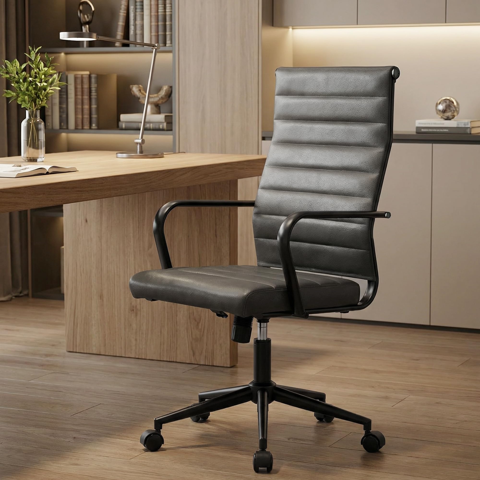 Genuine Leather Office Desk Chair, Mid-Century Modern Real Leather Conference Room Chairs, Ergonomic Executive Ribbed Height Adjustable Swivel Rolling Chair for Home Office.