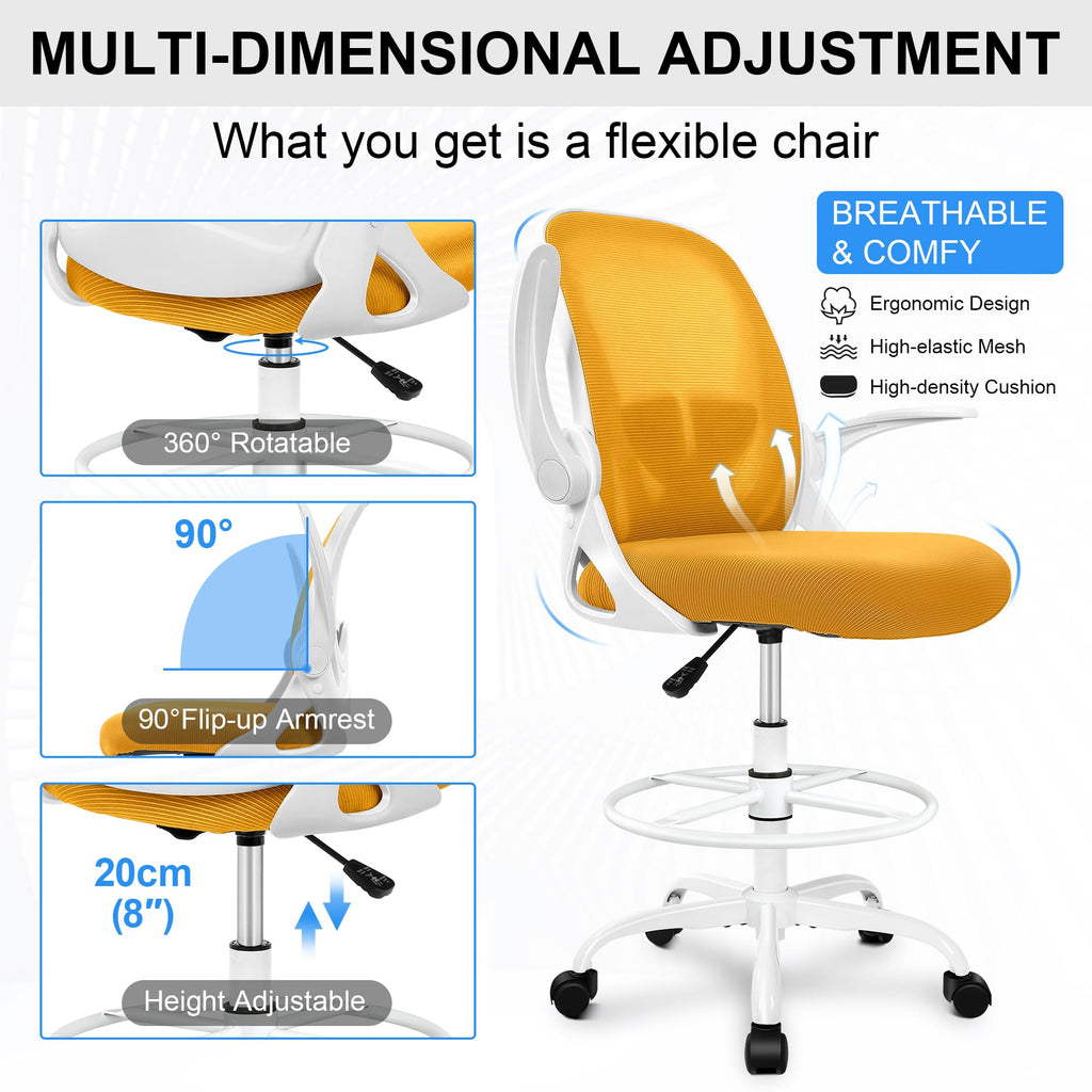 Drafting Chair Tall Office Chair with Flip-up Armrests Executive Ergonomic Computer Standing Desk Chair with Lumbar Support and Adjustable Footrest Ring (Mustard)