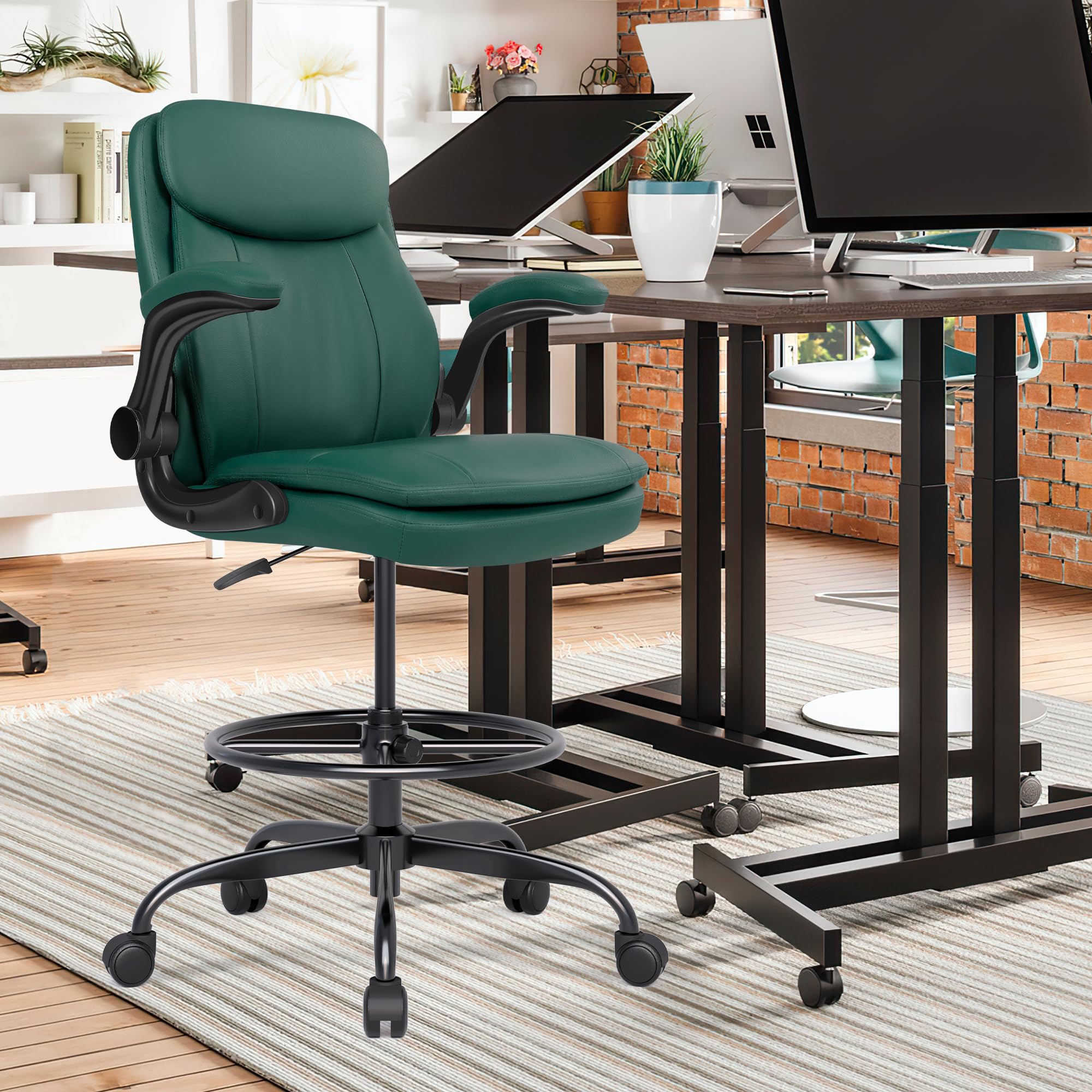Drafting Chair, Tall Office Chair for Standing Desk, High Leather Executive Office Chair with Adjustable Height and Flip-up Armrest for Counter Height Desk Green
