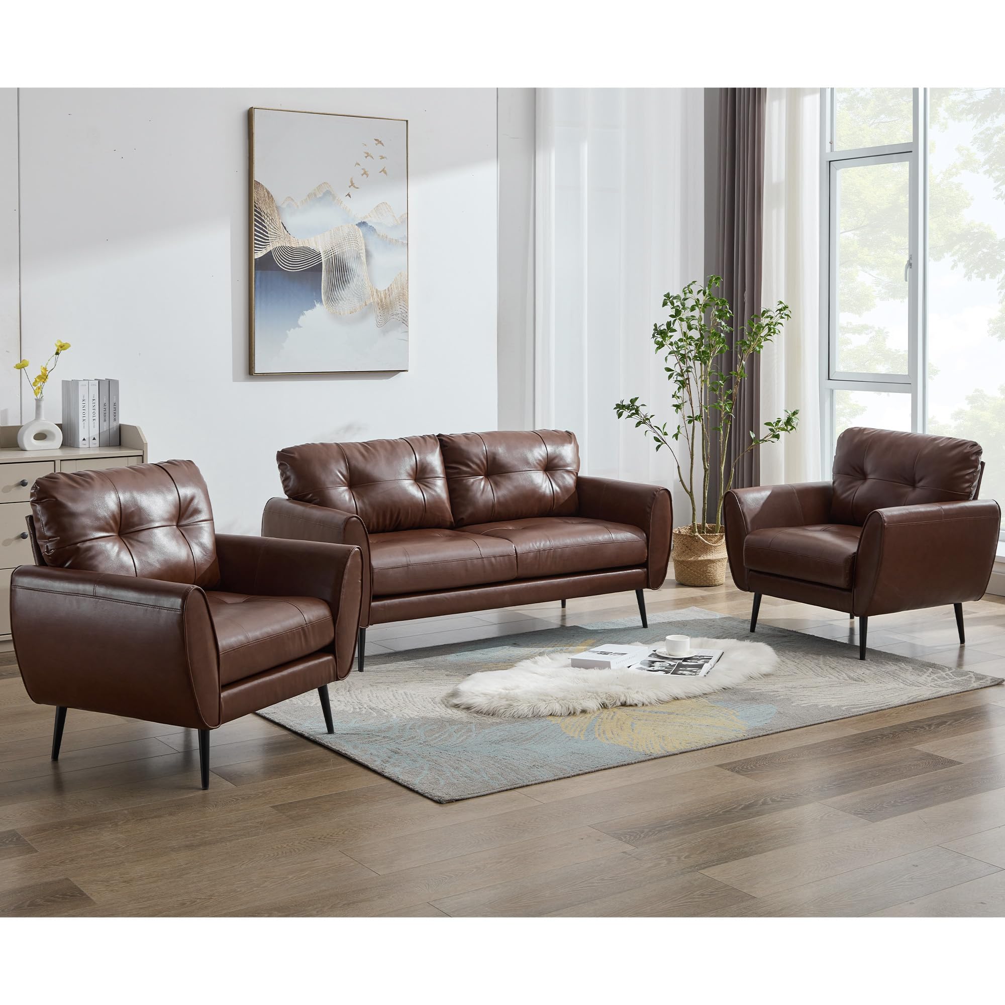 Sofa Couch 61" Small Loveseat Couches for Living Room Leather Couch Mid Century Modern Tufted Mini Sofa Comfy Office 2 Seat Settee Love Seat Loveseat for Small Spaces Bedroom (3, Brown)