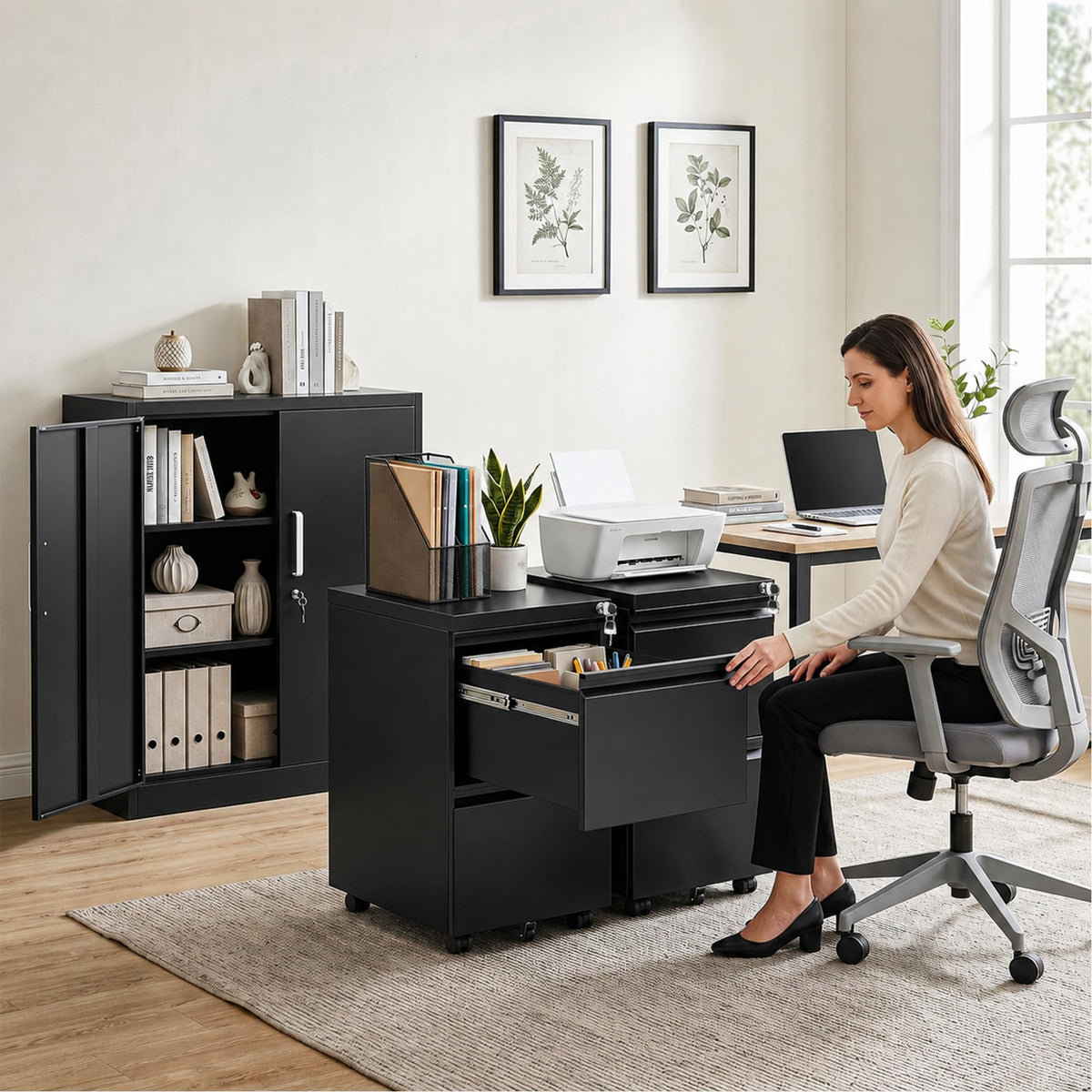 2 Drawer Mobile File Cabinet with Lock, Fully Assembled Except Casters, Under Desk Metal Filing Cabinet for Home Office Organization, Fits Letter/Legal/A4