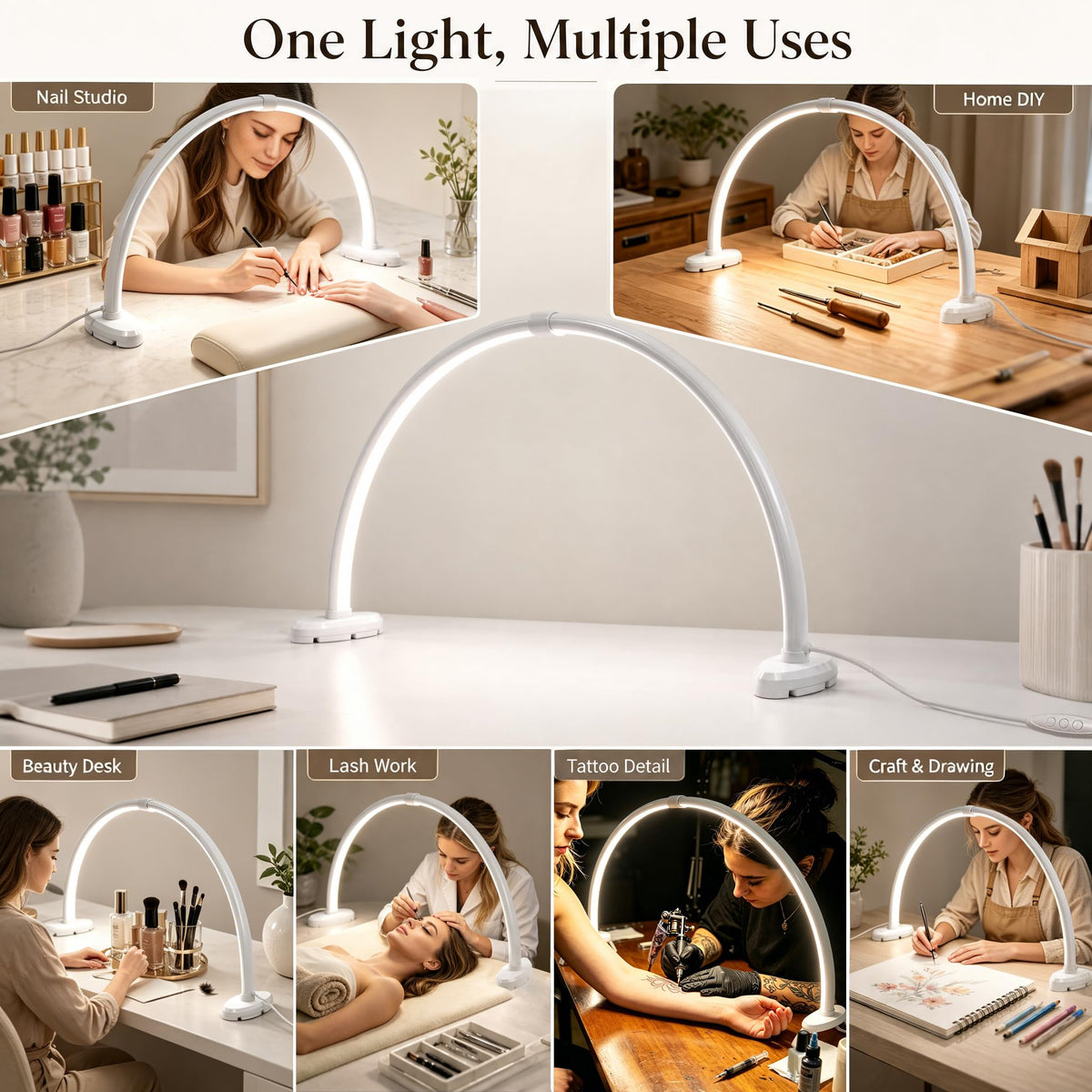 Half Moon Nail Light, 180° No Shadow LED Nail Desk Lamp with Foldable Height Adjustable Base, Nail Tech Lamp Soft Light Eye Protection for Manicure Eyelash Tattoo Craft Workbench Lighting