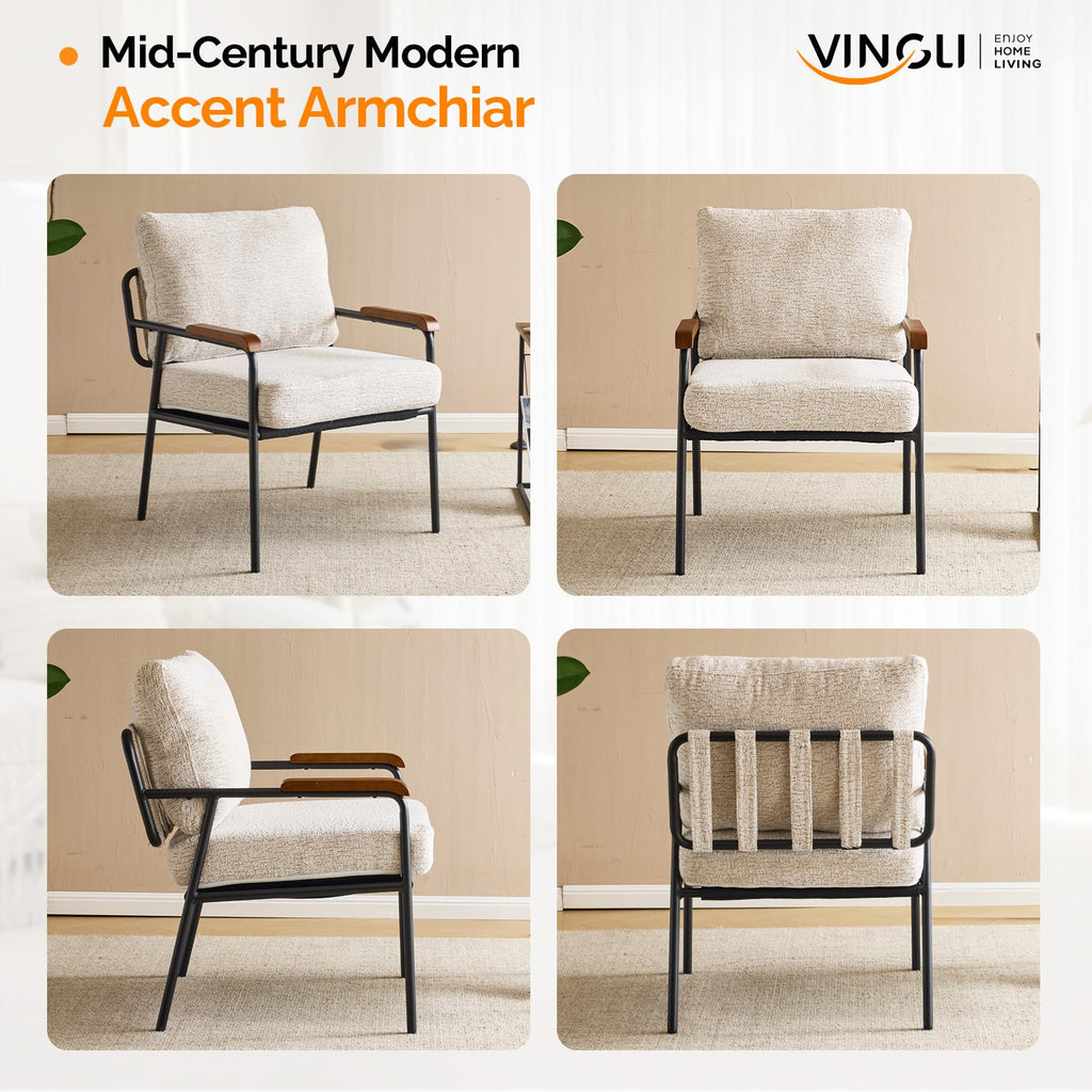 Mid-Century Modern Accent Armchair for Office, Small Comfy Upholstered Leisure Reading Chair with Wood Armrest for Office, Bedroom, Living Room, Waiting Room, Linen Beige