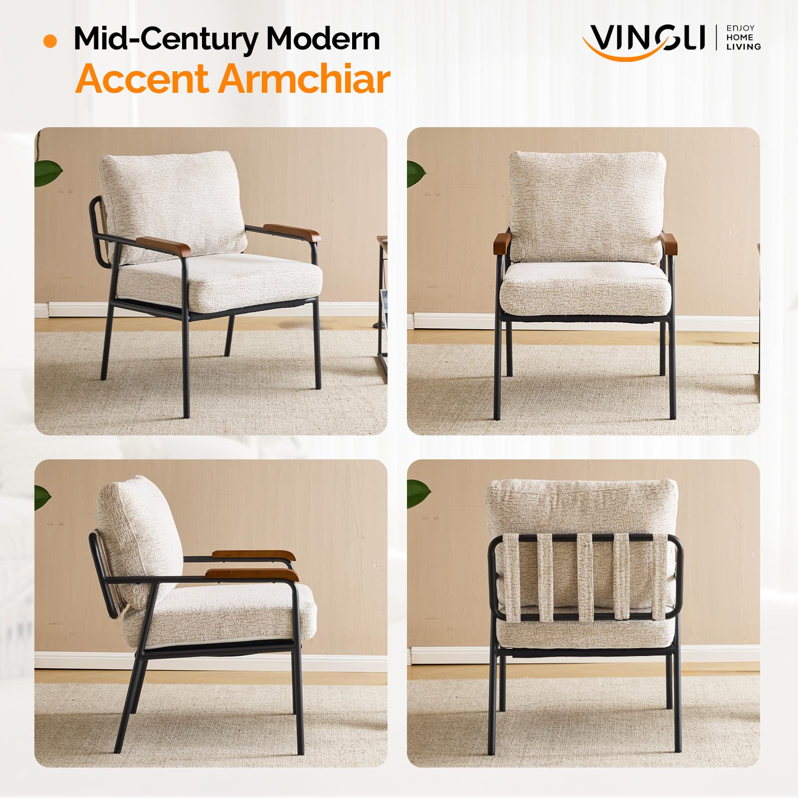 Mid-Century Modern Accent Armchairs Set of 2 for Office, Small Comfy Upholstered Leisure Reading Chairs with Wood Armrests for Office, Bedroom, Living Room, Waiting Room, Linen Beige