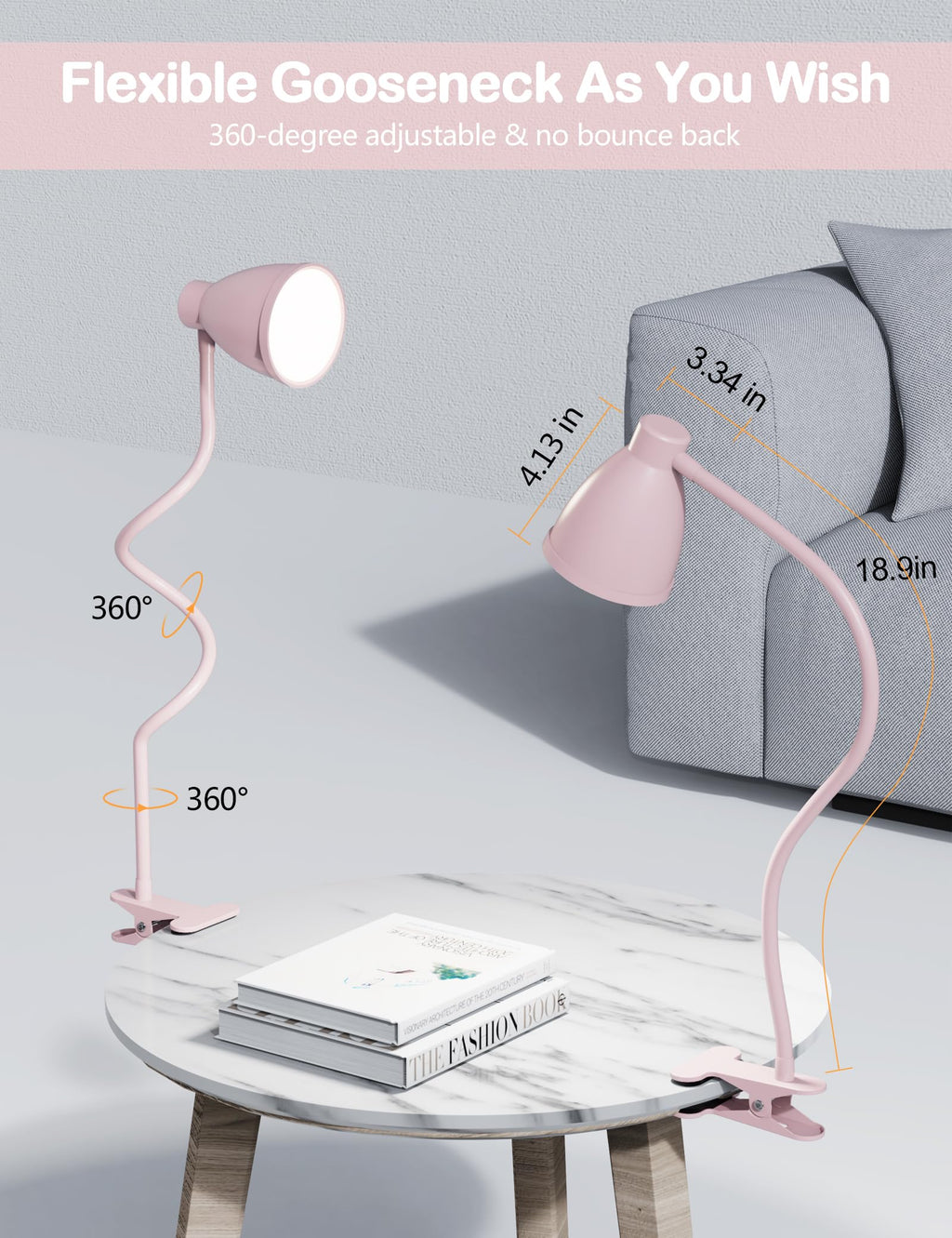 Cute Desk Lamp with Clamp Clip on Light, 5 Color 10 Brightness, Pink