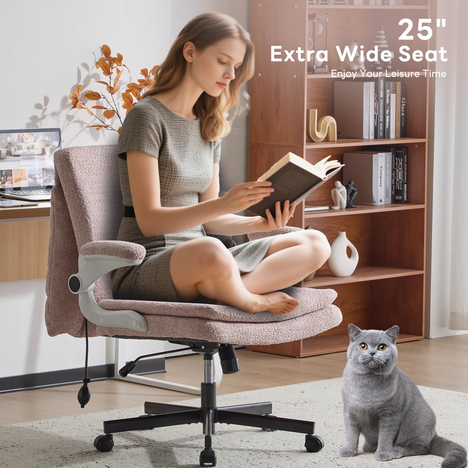 Criss Cross Office Chair with 2 in 1 Inflatable Flip-up Back, Ergonomic Wide Seat Desk Chair with Adjustable Arms and Wheels, Cross Legged Office Chair for Home & Office, Pink