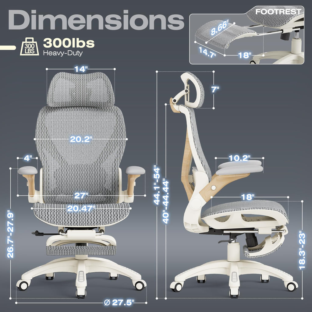 X100 Ergonomic Office Chair with Footrest, Big and Tall Home Desk Chair with 5D Flip-Up Arms, Adjustable 3D Lumbar Support,High Back Rolling Computer Chair, Swivel Mesh Chairs (Foggy Morning)
