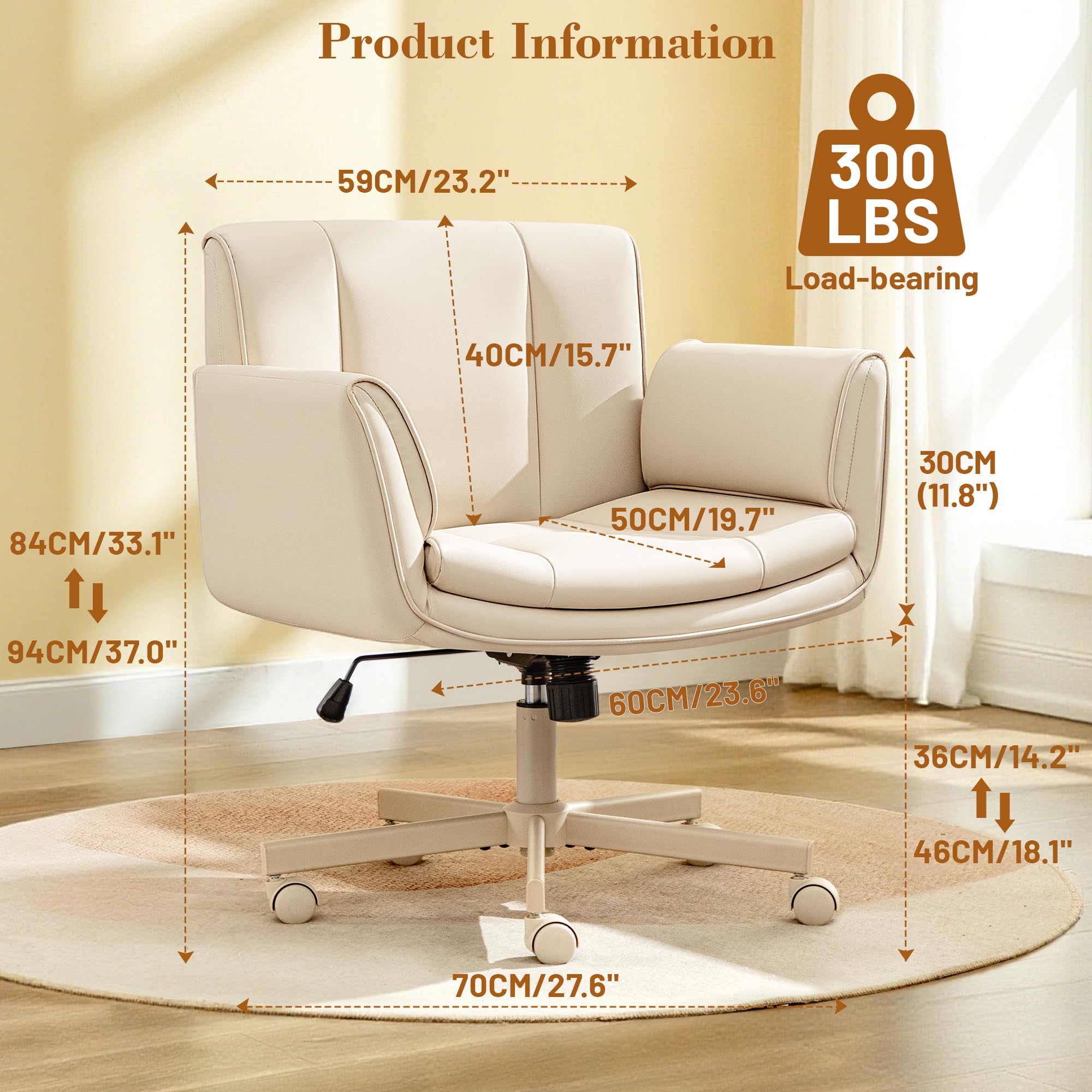 Criss Cross Chair with Wheels & Armrests,Comfy Wide Vanity Chair,Scratch-Resistant Pu Leather Cross Legged Desk Chair,Height Adjustable Computer Office Desk Chairs for Home,Makeup,Bedroom