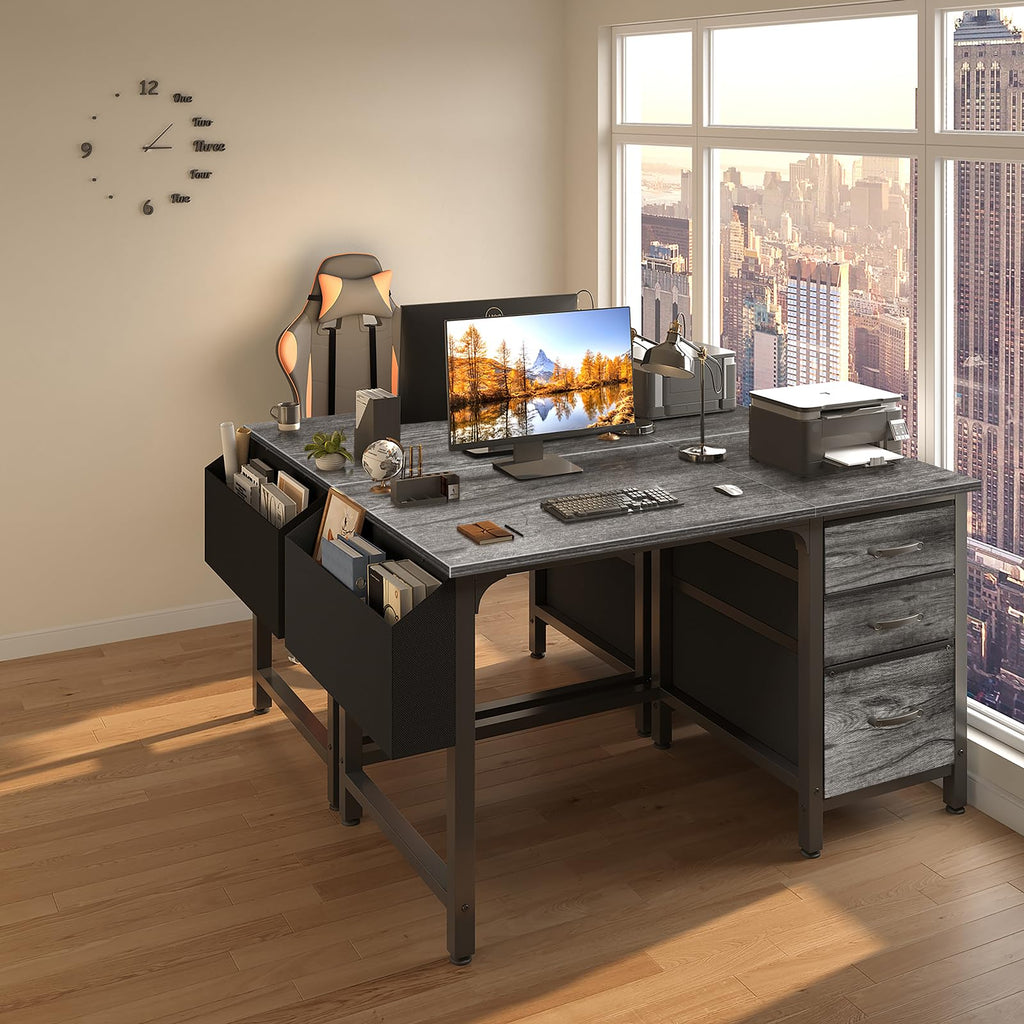Computer Desk with File Drawers Cabinet, 47 Inch Home Office Desks with Filing Cabinet for Small Space, Gaming Study Writing Table PC Desks, Gray