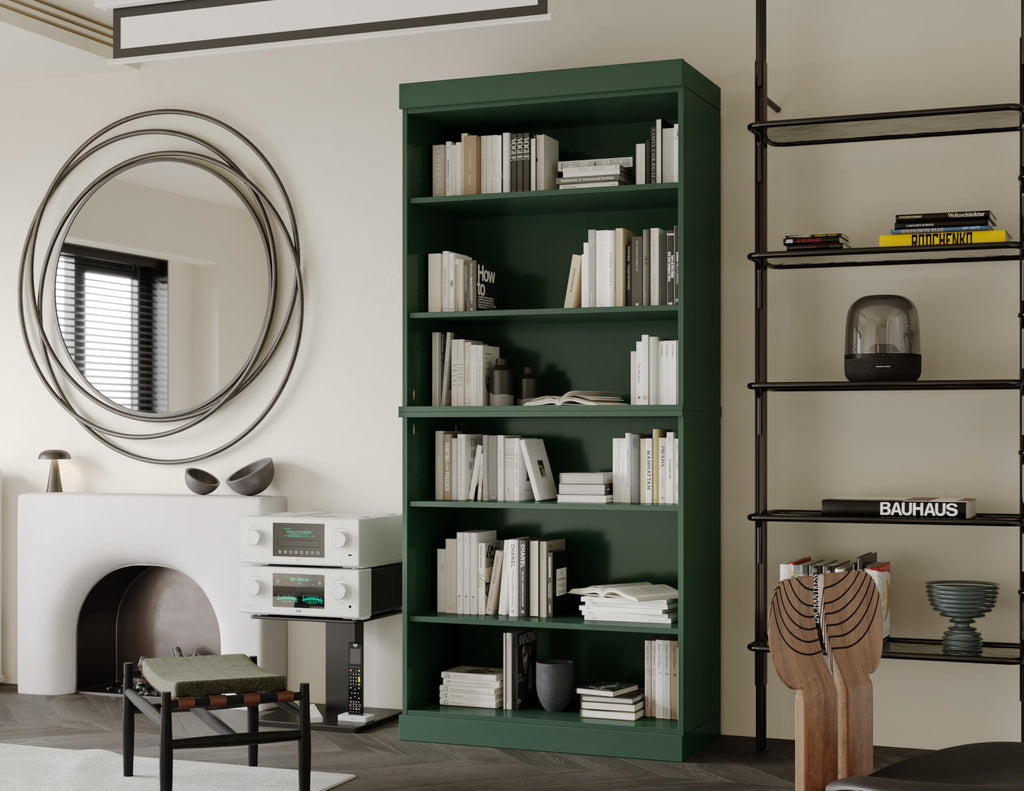 Solid Wood Bookcase - Stackable Modular 6-Tier Bookshelf - 71.5" Tall x 32" Wide - Green, Open Display Shelf for Living Room, Office, Renewable 100% Eco-Friendly Wood, Made in Brazil