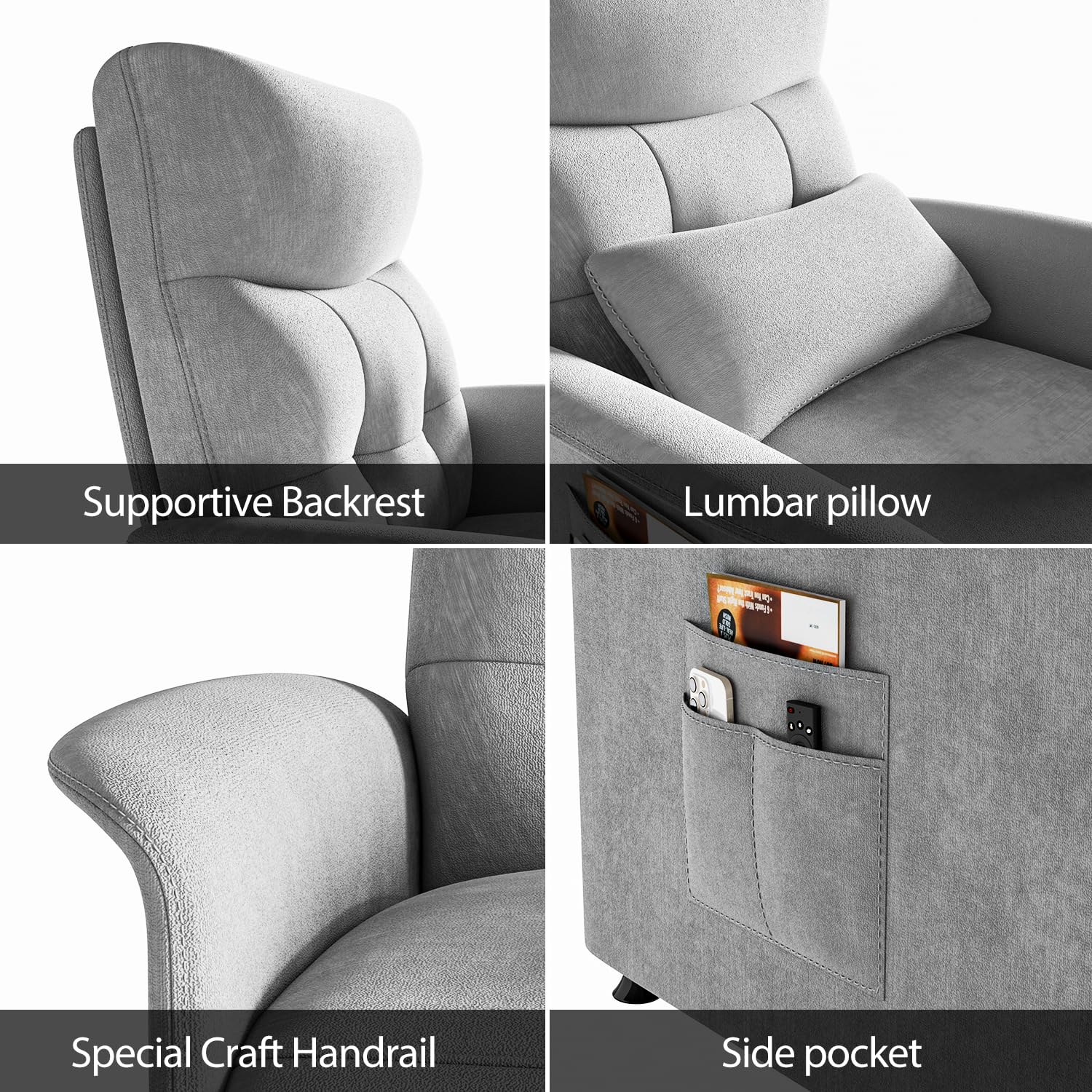 Power Recliner Chair for Adults with Heat & Massage - Soft Fabric Electric Reclining Sofa with Remote Control, 3 Side Pockets, 180° Lay Sleeper for Living Room Home Theater, Light Grey