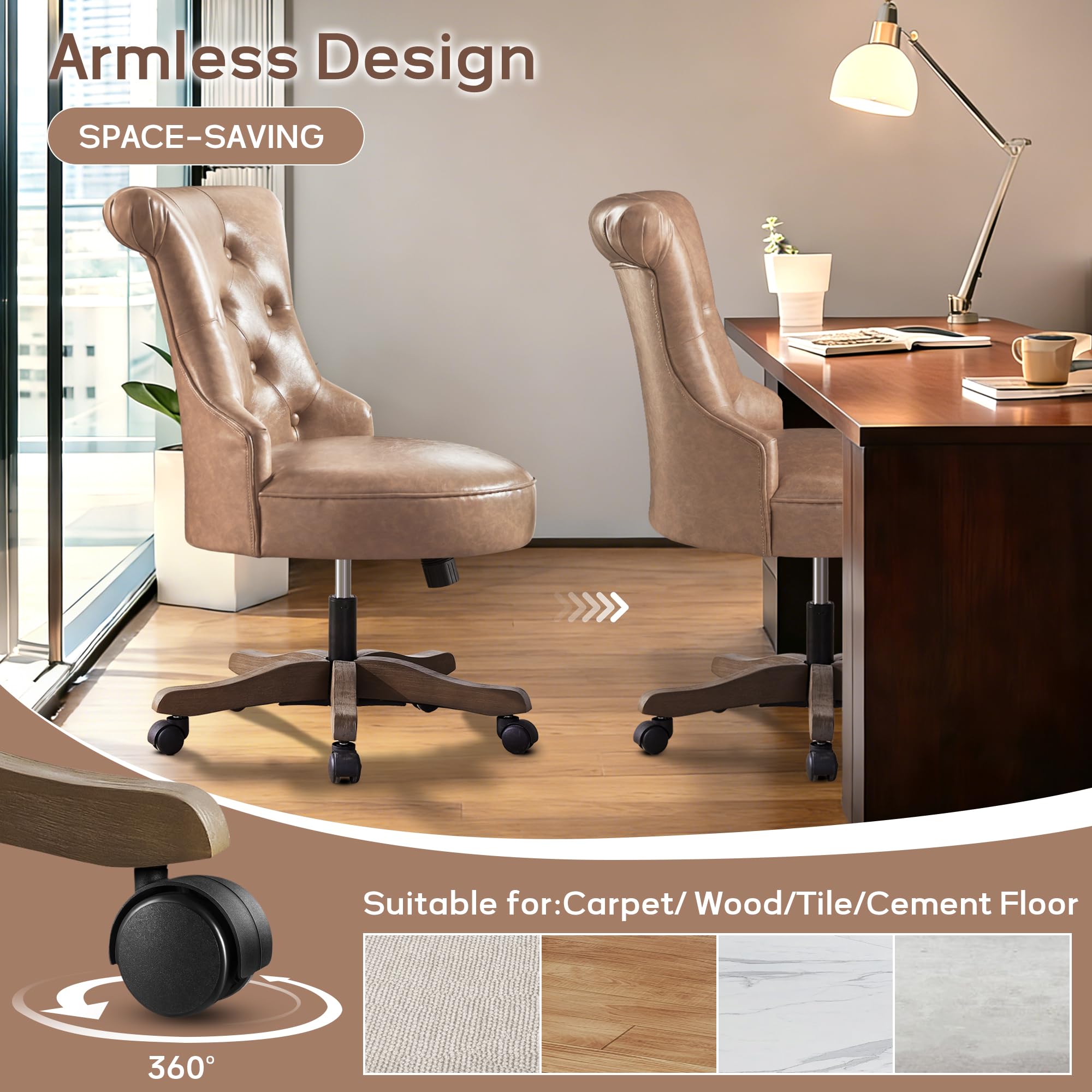 Home Office Chair Upholstered Faux Leather PU Armless Desk Chair with Wheels Adjustable Height Computer Desk Chair with Wooden Legs Comfortable Swivel Chair for Study Studio (Light Brown)