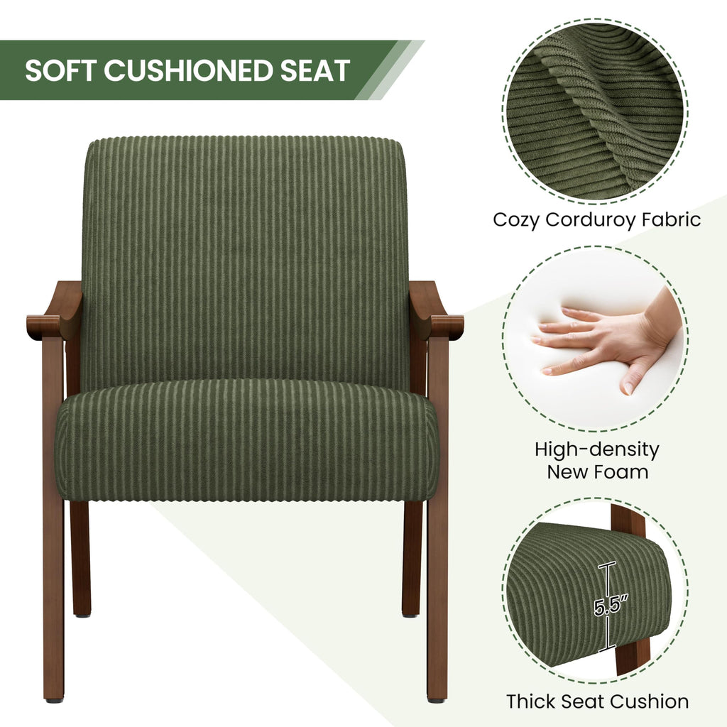 Corduroy Accent Chair, Mid-Century Modern Armchair with Solid Wood Legs, Reading Leisure Chair with High Back for Living Room Bedroom Waiting Room Dark Green