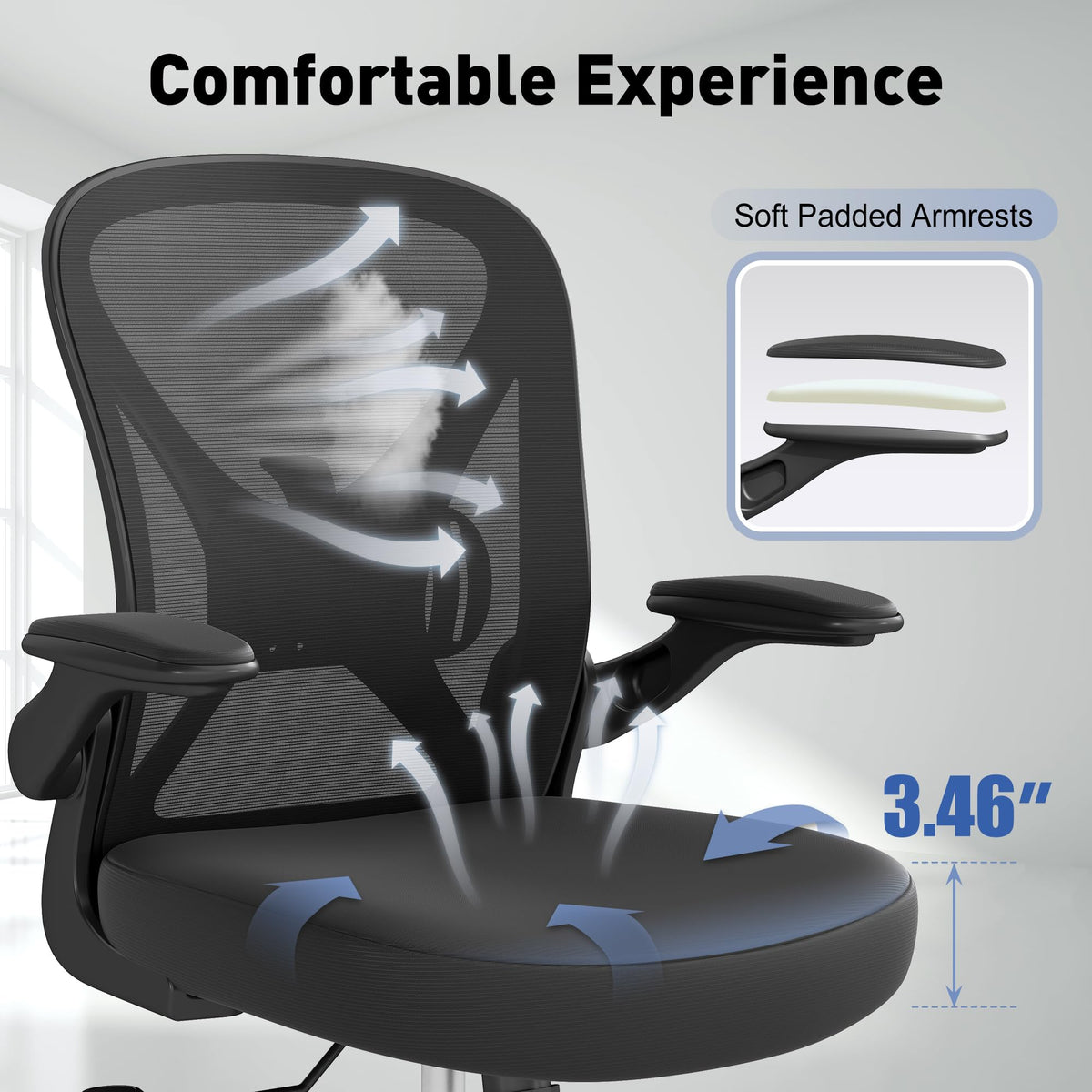 Ergonomic Office Chair Set of 2, Mesh Fabric Home Office Chairs with Adjustable Lumbar Support, 360° Swivel, and Flip-Up Armrests, Black