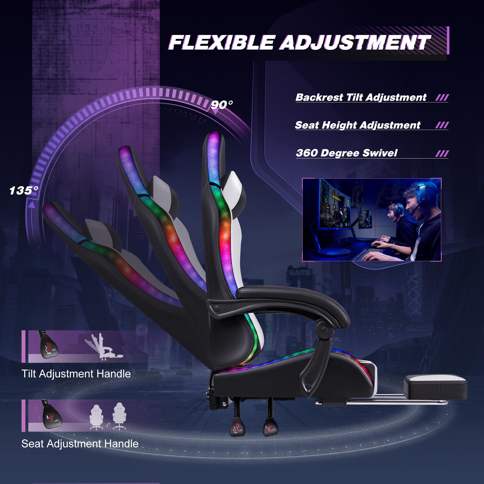 Gaming Chair, Video Game Chair with Footrest and Massage Lumbar Support, Ergonomic Computer Chair Height Adjustable with Swivel Seat and Headrest (RGB Lvory)