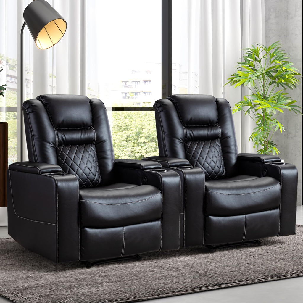 Electric Power Recliner Chair Set of 2, Breathable Leather Home Theater Seating with Hidden Arm Storage, Power Recliner Chair for Living Room with USB Ports and Cup Holders,Black