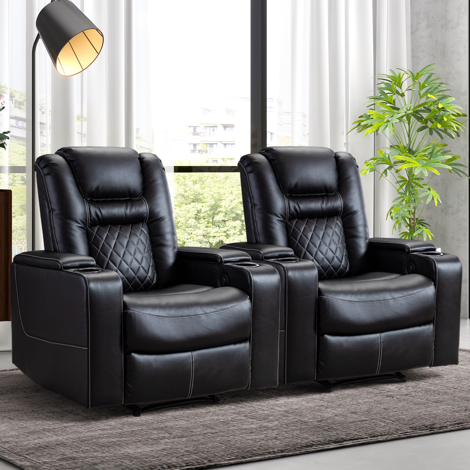 Electric Power Recliner Chair Set of 2, Breathable Leather Home Theater Seating with Hidden Arm Storage, Power Recliner Chair for Living Room with USB Ports and Cup Holders,Black