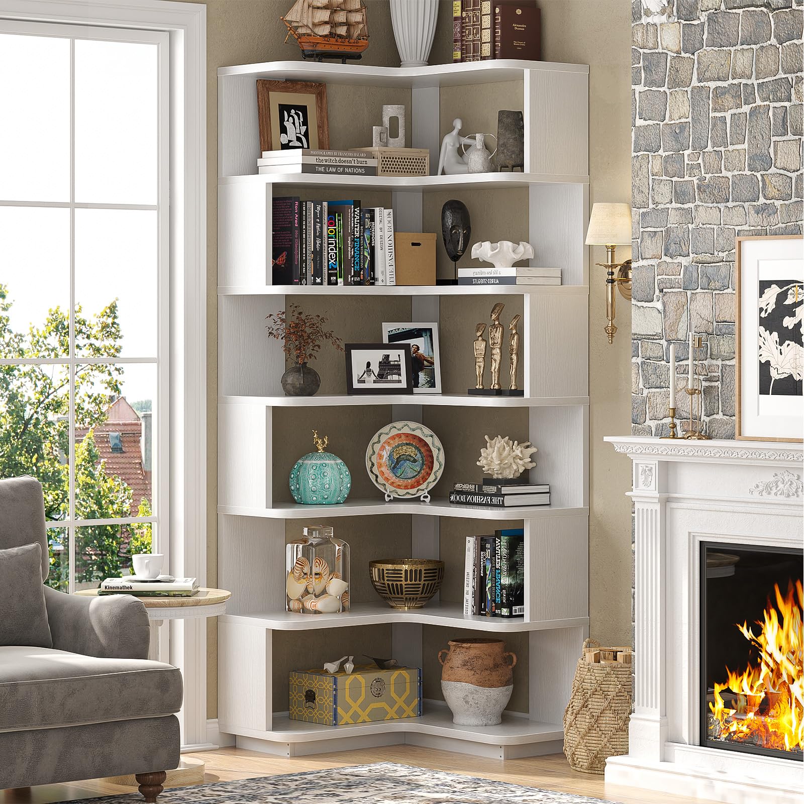 Corner Book Shelf, 7-Shelf L Shaped Corner Bookshelf with Baffle