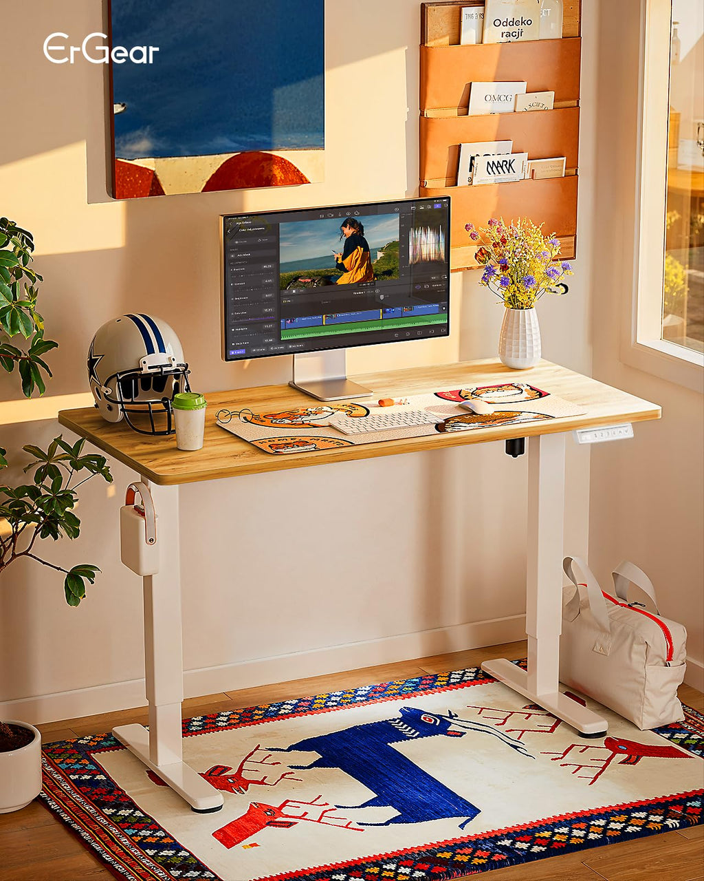 Height Adjustable Electric Standing Desk, 48 x 24 Inches Sit Stand up Desk, Memory Computer Home Office Desk, Light Vintage Brown