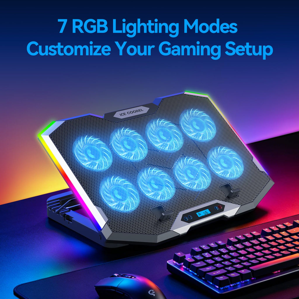 Laptop Cooling Pad with 8 Cooling Fans, Laptop Fan Cooler Pad for 15-17.3 Inch, Notebook Cooler Stand with 6 Height Adjustable, RGB Cooling Pad with Two USB Port + Phone Stand