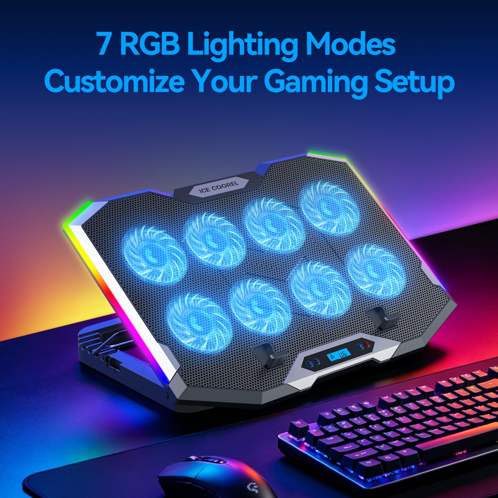 Laptop Cooling Pad with 8 Cooling Fans, Laptop Fan Cooler Pad for 15-17.3 Inch, Notebook Cooler Stand with 6 Height Adjustable, RGB Cooling Pad with Two USB Port + Phone Stand