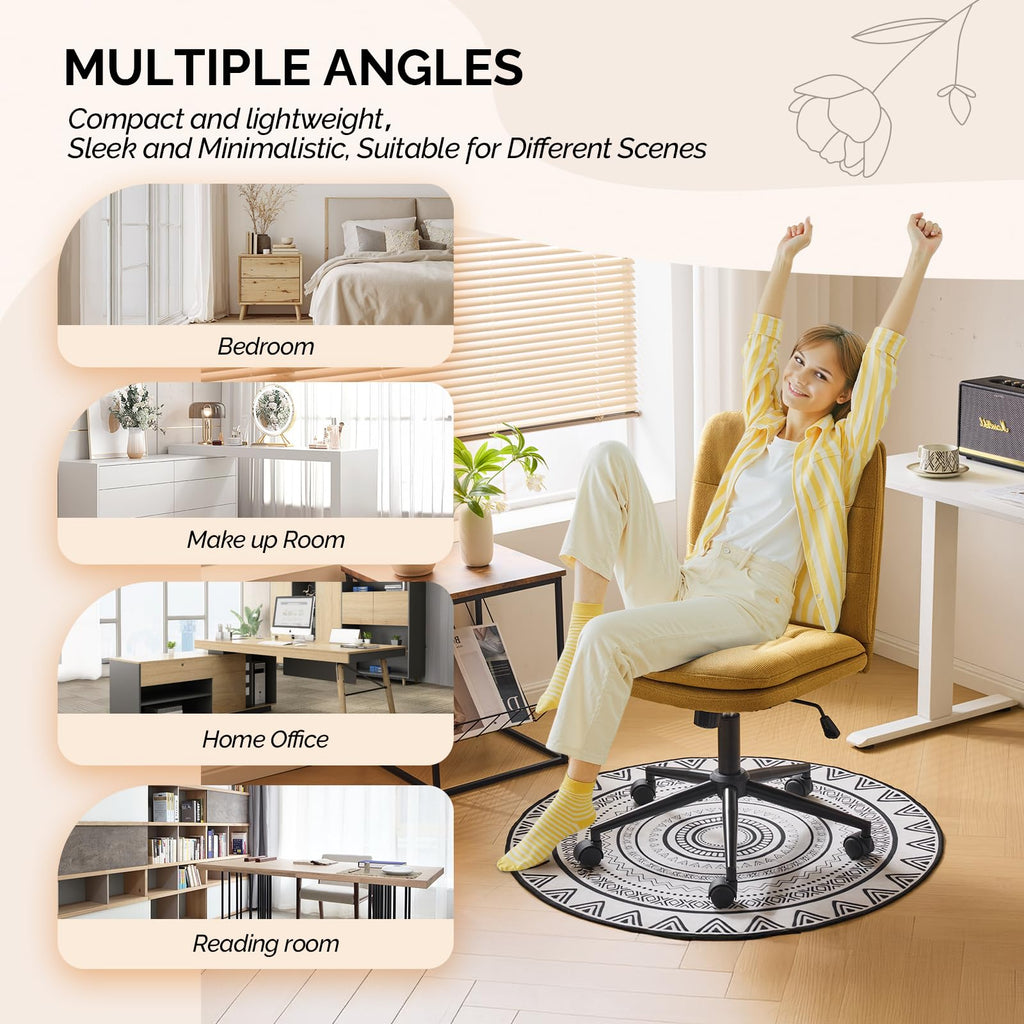 Mid Back Armless Office Desk Chair with Wheels/no Wheels,360°Rocking Swivel Vanity Chair with Thickened Cushion,Adjustable Height Rolling for Reading Room, Make up, Linen Ginger Yellow