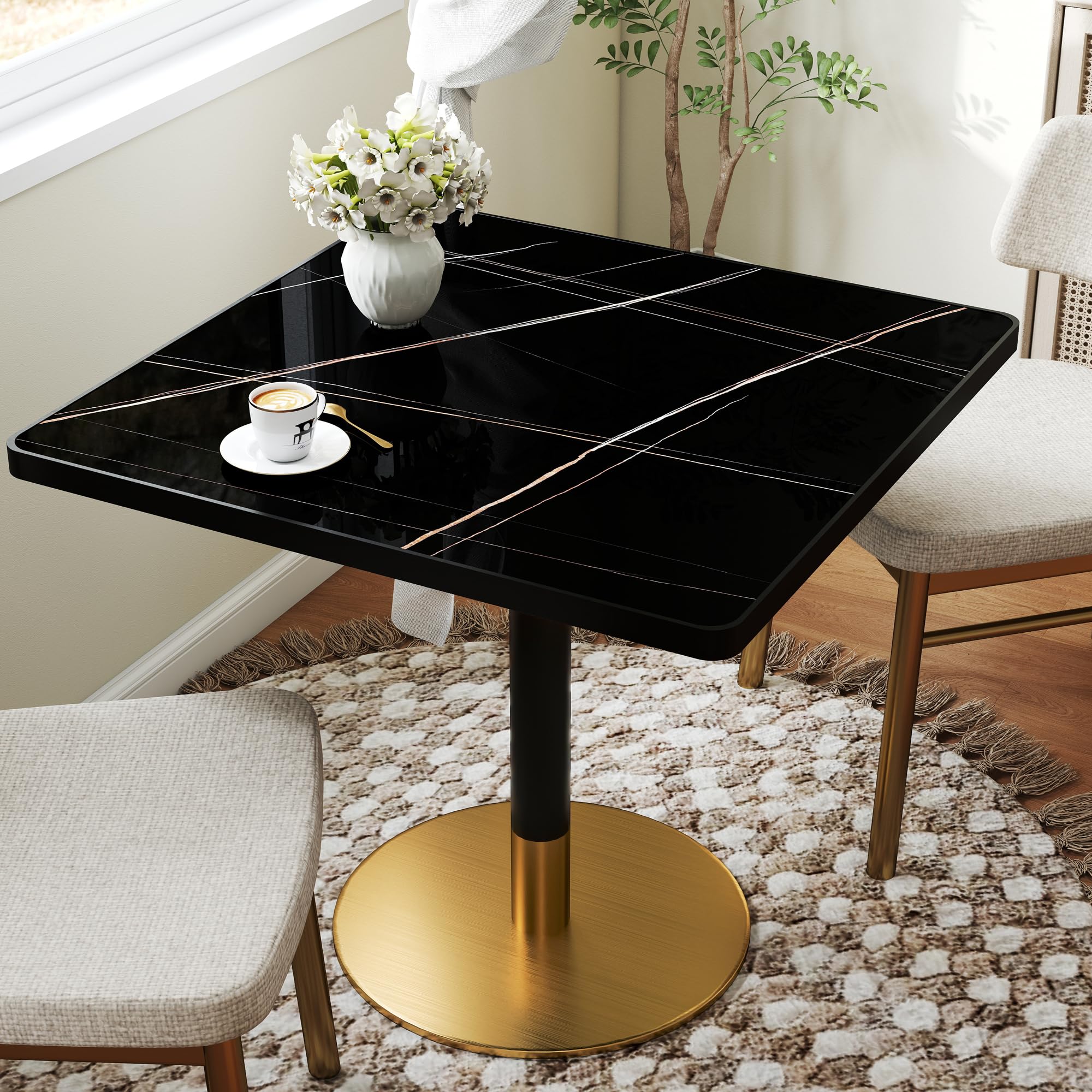 hausway 31.5" Tulip Table,Square Kitchen Dining Table for 2-4 with Thick Sintered Stone Top,Titanium Golden Pedestal Base,Heat-Resistant,Bistro Table for Dining Room,Café,Small Space（Gilded Chord）