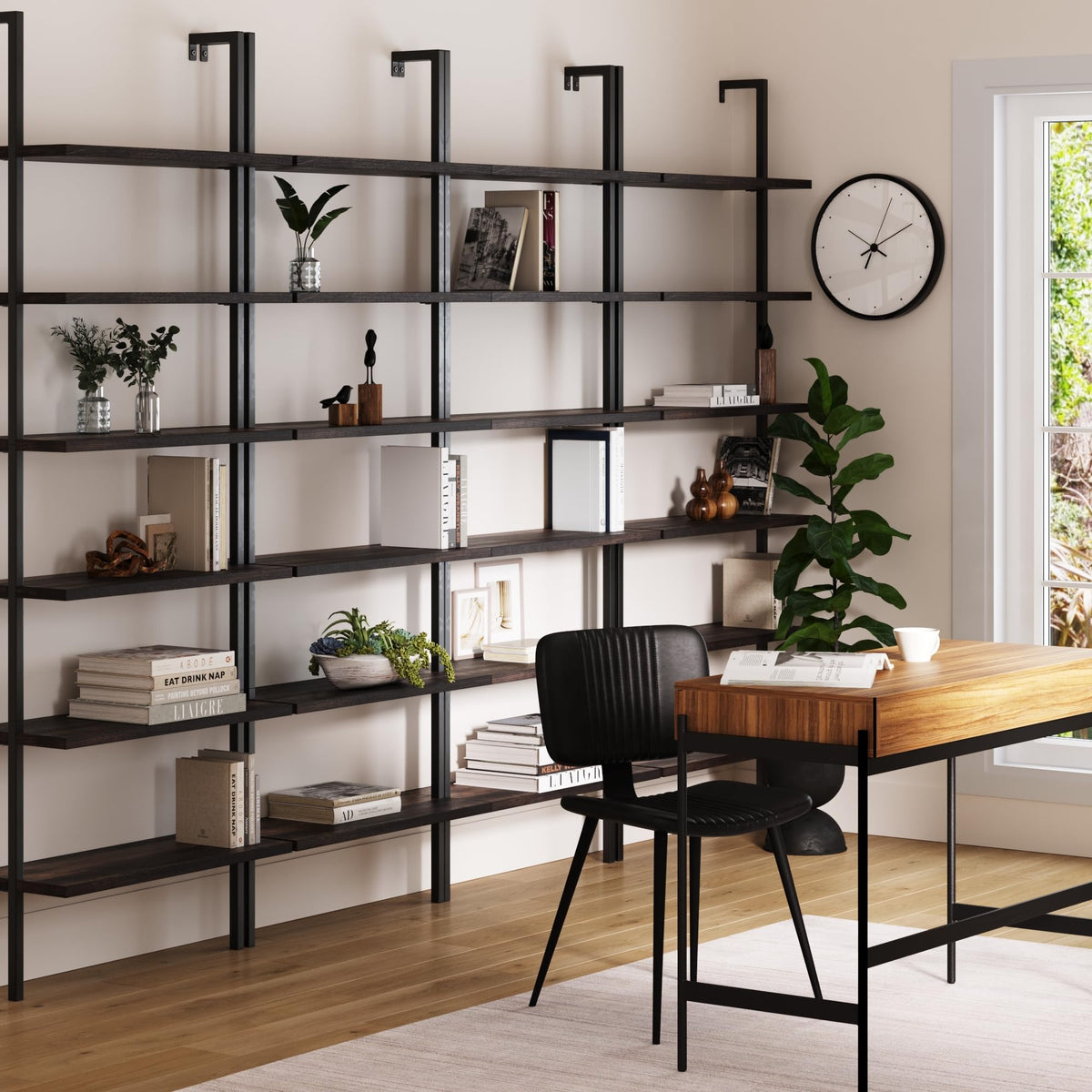 Set of 4, 6-Shelf Tall Bookcase, Wall Mount Bookshelf with Natural Wood Finish and Industrial Metal Frame, Nutmeg/Matte Black
