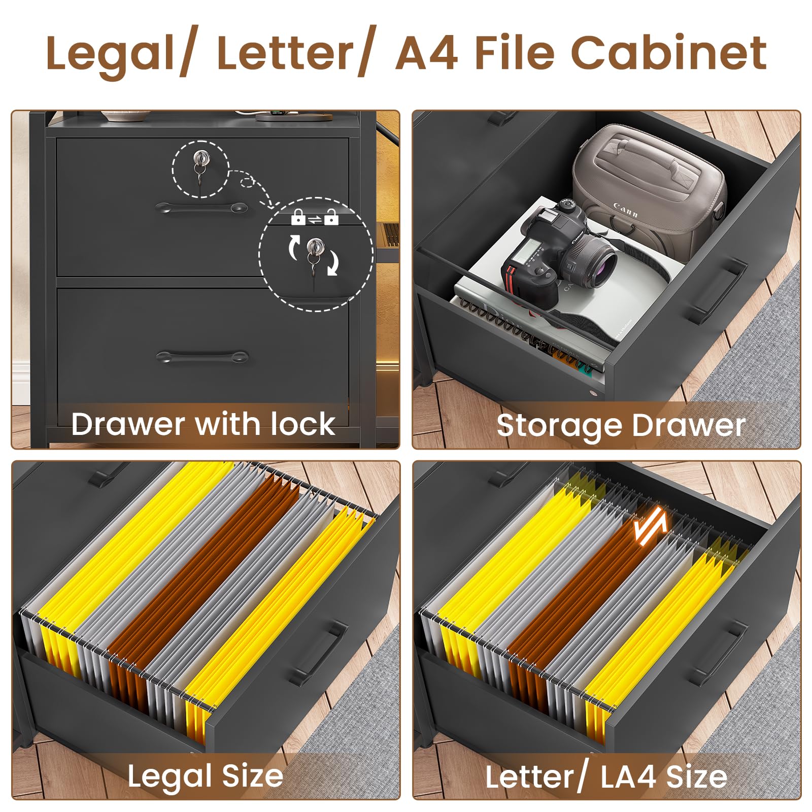 35.4” File Cabinet, Filing Cabinet fits Letter/A4 Size, 2 Drawe File Cabinets for Home Office with Power Strip, LED Lights, Lock, Open Shelf, Black