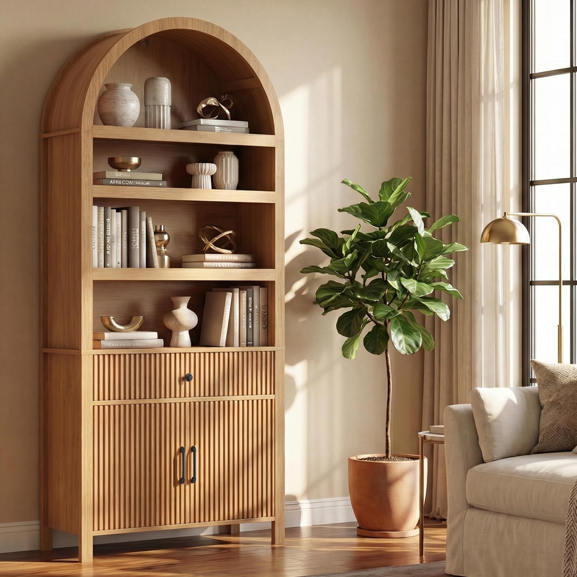 Book Shelf 70" Tall Bookcase with Drawer, 7-Tier Arched Cabinet with Storage and Fluted Door, Mid-Century Modern Modular Arch Bookshelf for Office Living Room Bedroom Library (Oak, 4)