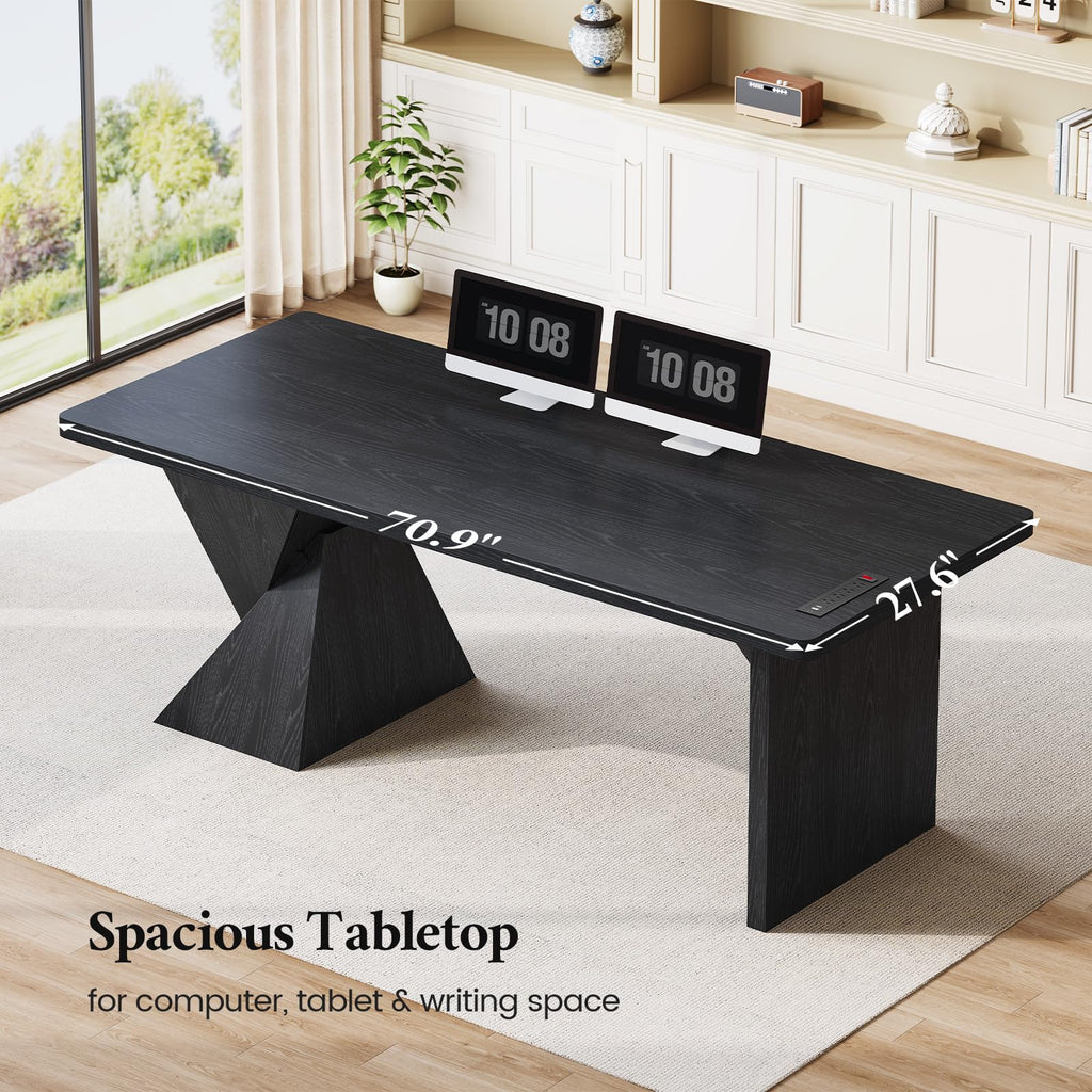 70.9 Inch Executive Desk with Power Outlet, Large Home Office Desk, Modern Aesthetic Computer Writing Table Workstation Business Furniture,Black