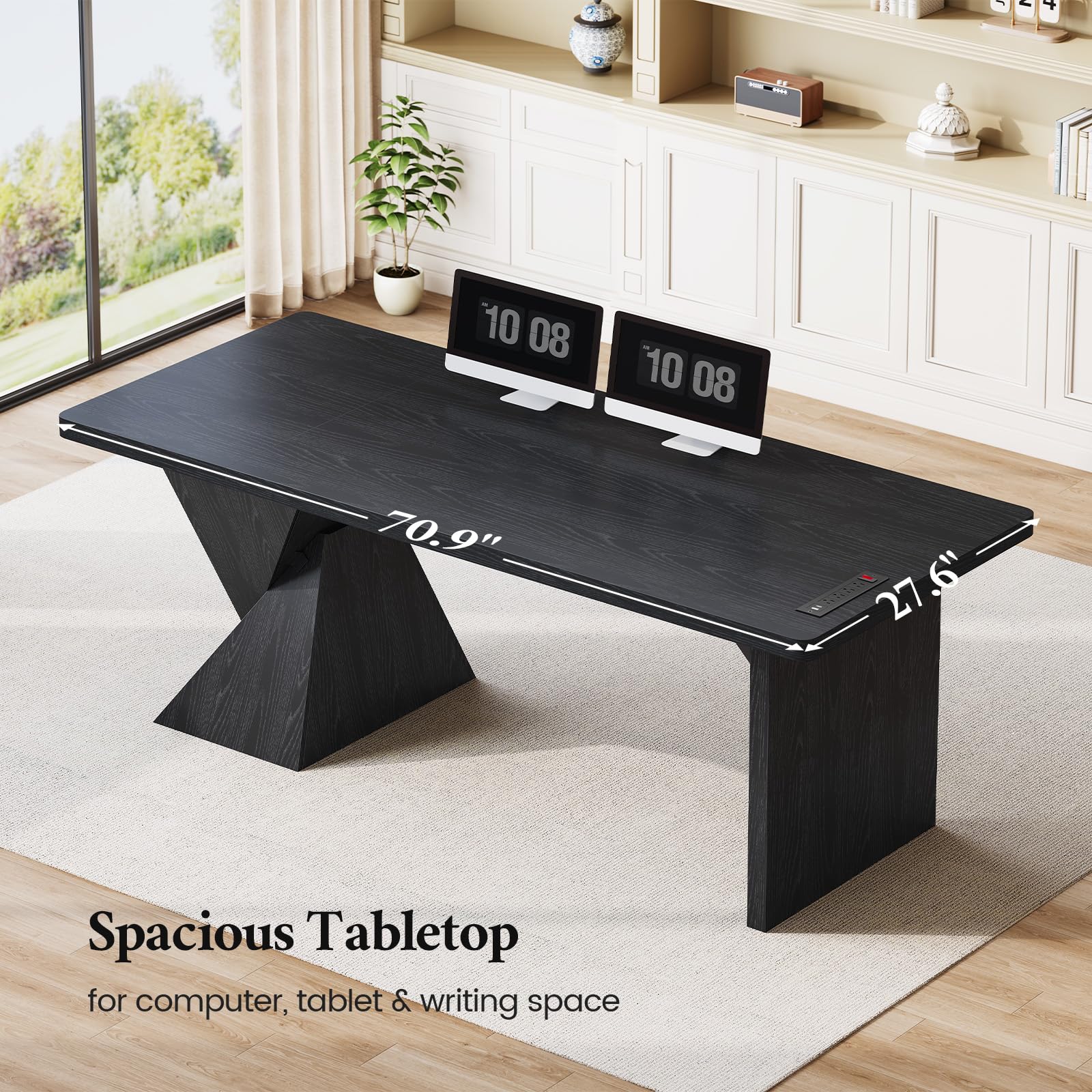 70.9 Inch Executive Desk with Power Outlet, Large Home Office Desk, Modern Aesthetic Computer Writing Table Workstation Business Furniture,Black