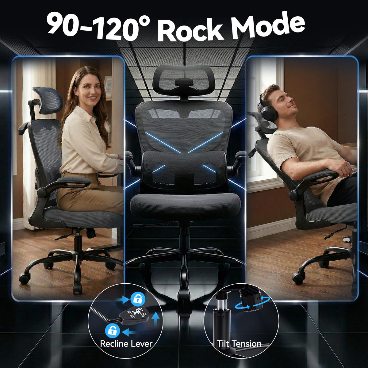 Office Chair Ergonomic Desk Chairs with Adjustable Lumbar Support& Headrest Hanger, High Back Breathable Mesh Chair with Wheels, Rolling Swivel Comfy Task Computer Chair for Home Work Gaming