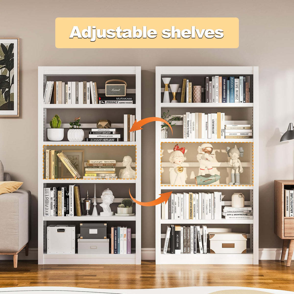 5 Tier Metal Bookcase,69'' Tall Heavy Duty Bookshelf with Open,White Large Adjustable Bookshelves,Sturdy Modern Heavy Duty Display Bookcases for Library,Office,Study Room,Living Room