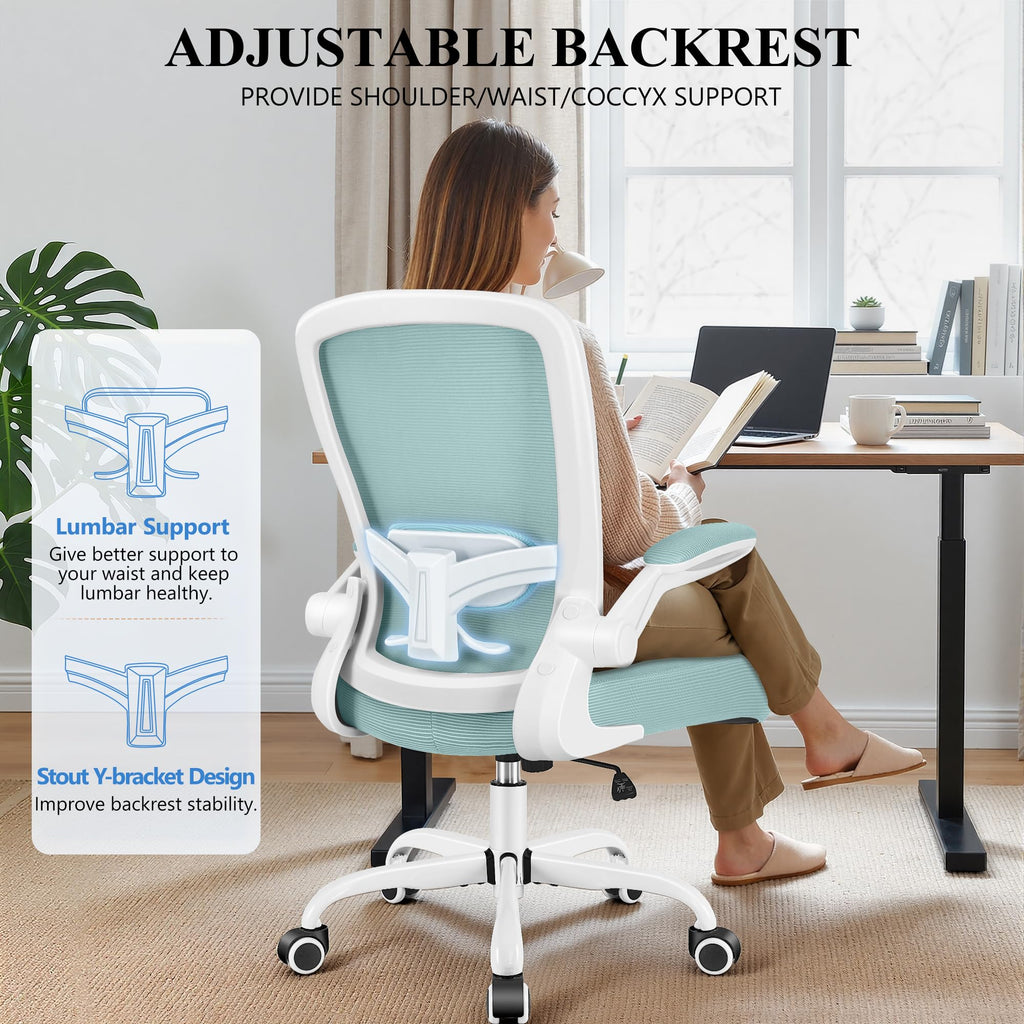 Office Chair, Ergonomic Desk Chair Breathable Mesh Chairs Adjustable High Back Lumbar Support Flip-up Armrests, Executive Rolling Swivel Comfy Computer Chairs Home Office Light Blue